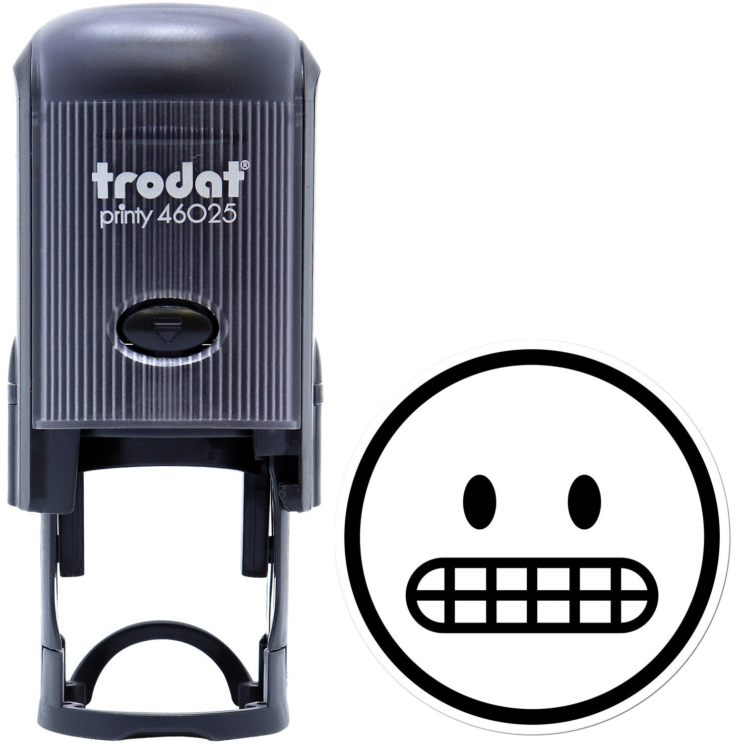 Self-Inking Awkward Alan Emoji Stamp featuring a black casing with a ribbed texture and a grinning emoji design. Perfect for adding a fun touch to documents and crafts.