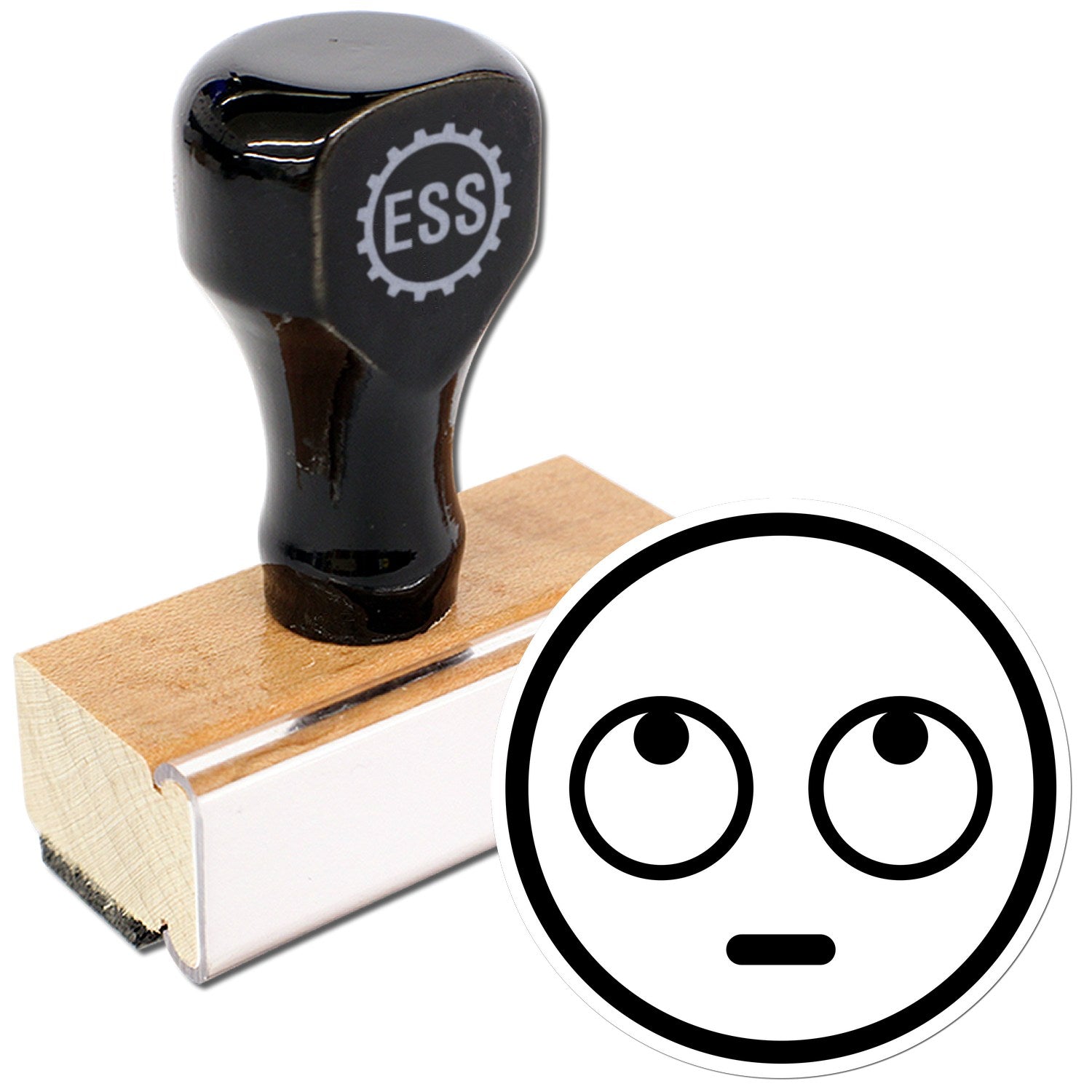 Wood Handle Blank Benny Emoticon Rubber Stamp with a black handle and wooden base, featuring a simple emoticon design. Perfect for crafting and personalizing projects.