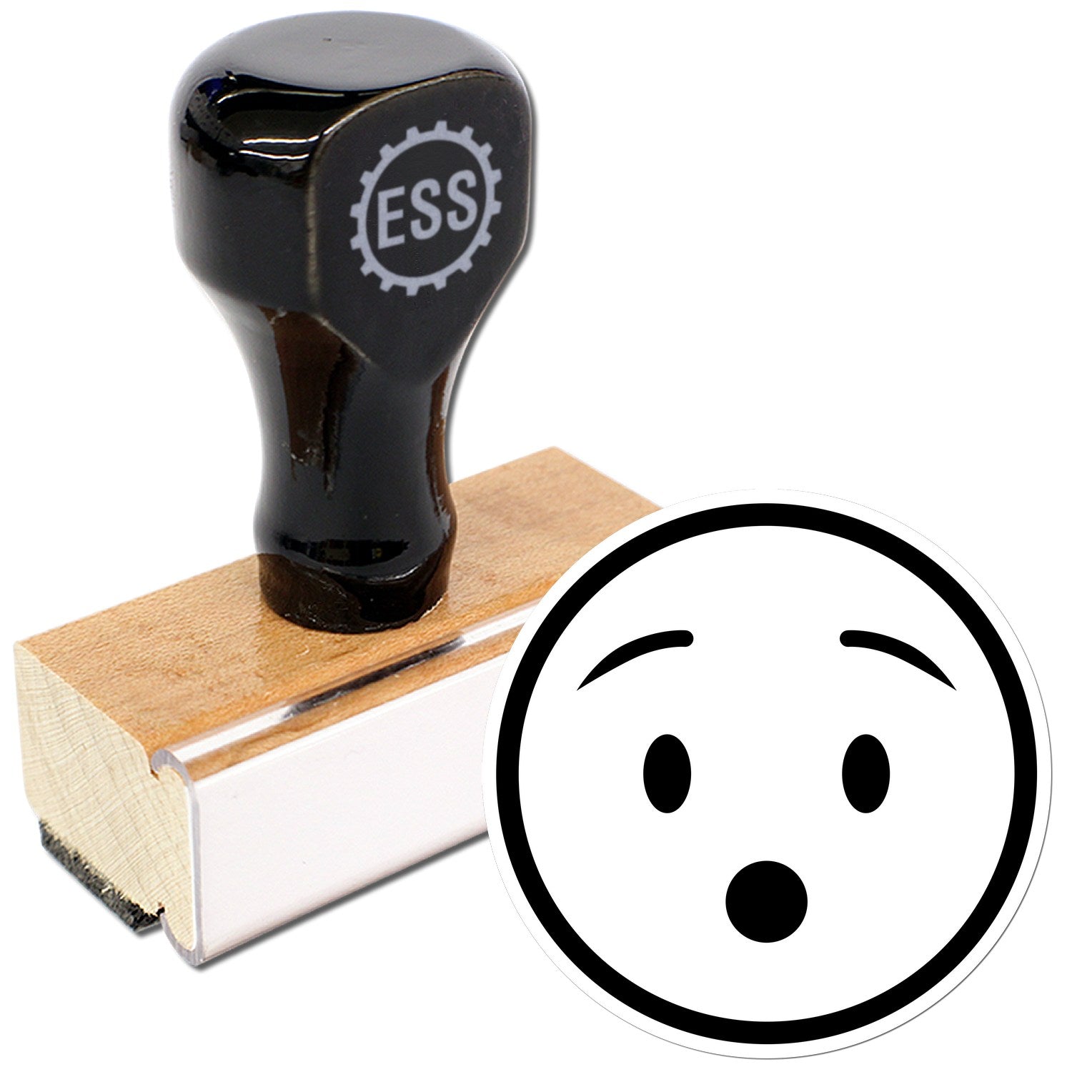 Wood Handle Surprised Stanley Smiley Rubber Stamp with black top and wooden base, featuring a surprised smiley face design. Perfect for adding a playful touch to your projects.