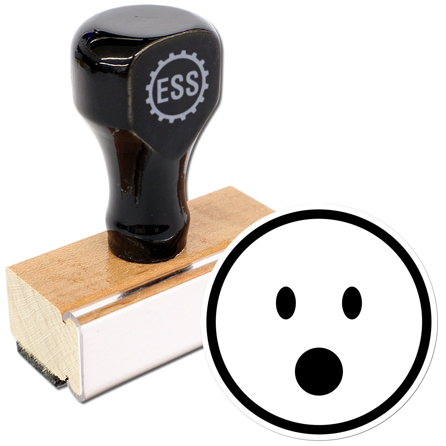 Wood Handle Gasping Gary Pictogram Rubber Stamp featuring a black handle with ESS logo, mounted on a wooden base, and a round stamp design with a surprised face.