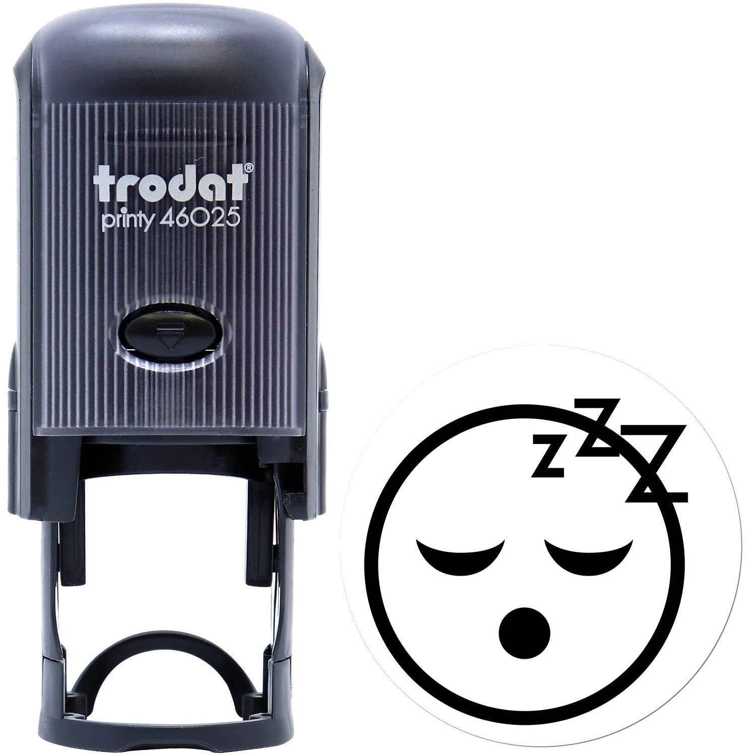 Self-Inking Sleepy Steve Reaction Stamp featuring a black casing and a sleepy face with zzz design. Perfect for adding a fun touch to documents.