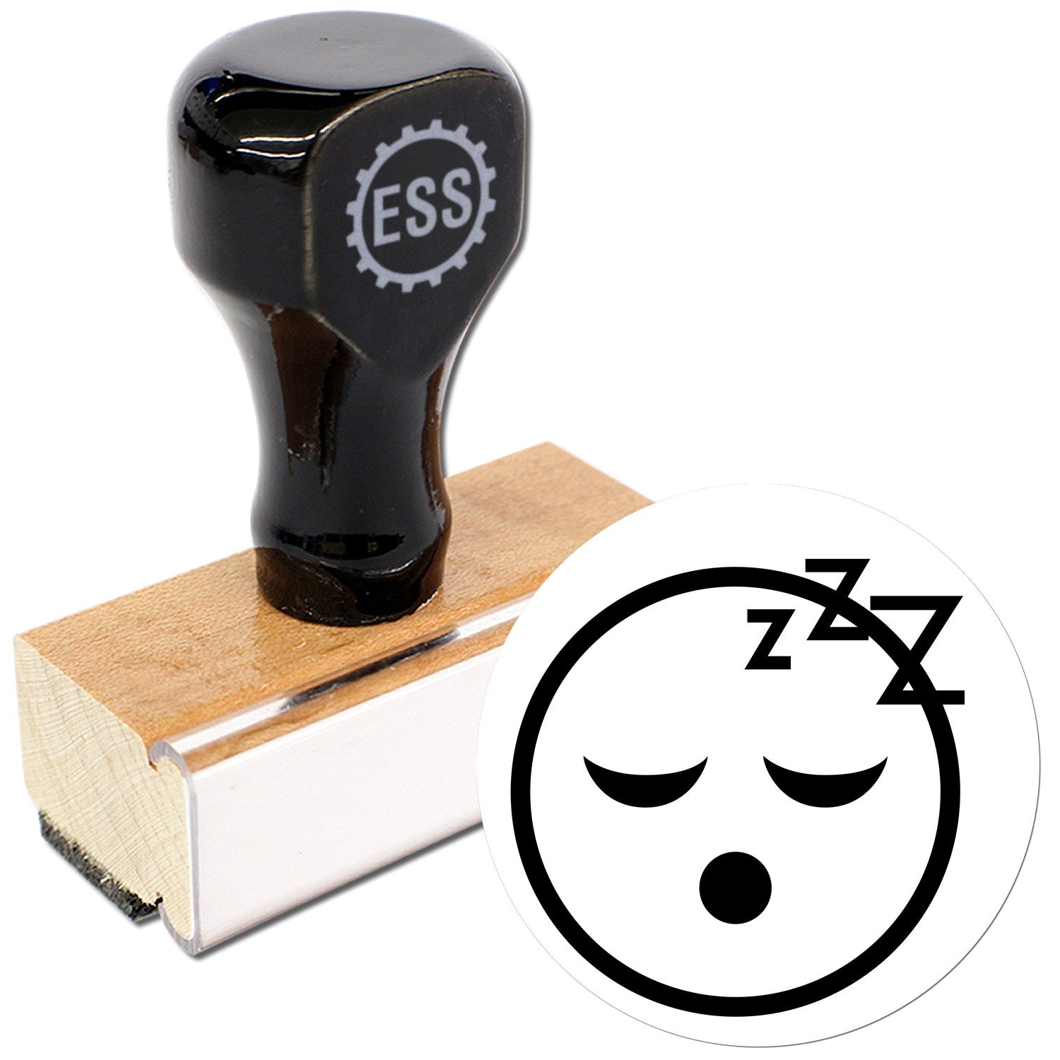 Wood Handle Sleepy Steve Reaction Rubber Stamp featuring a black handle with ESS logo, wooden base, and a sleepy face design with closed eyes and zzz symbol. Perfect for adding fun reactions.