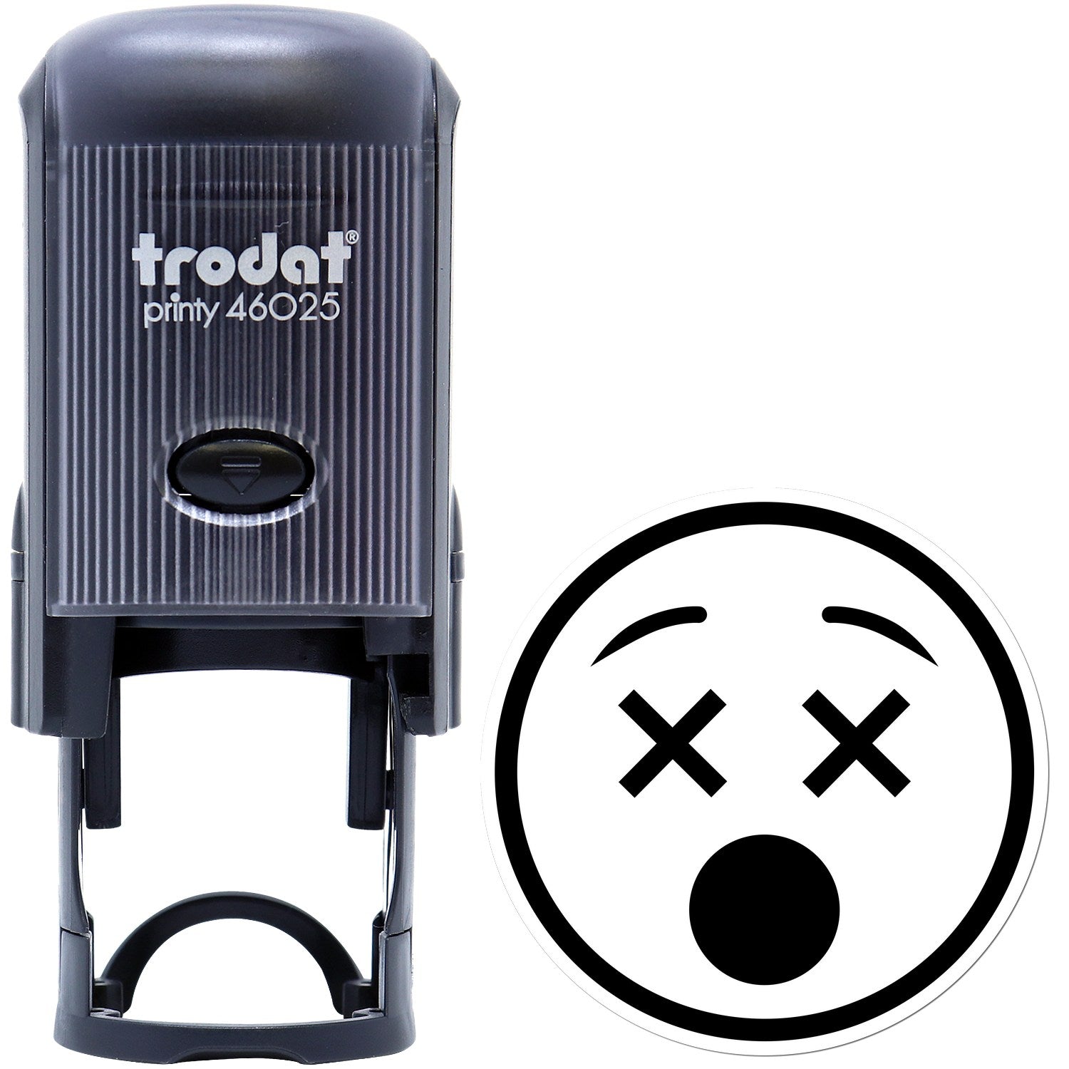 Self-Inking X'd Out Facial Expressions Stamp featuring a black casing and a stamp design of a face with X eyes and an open mouth. Perfect for adding expressive marks to documents.