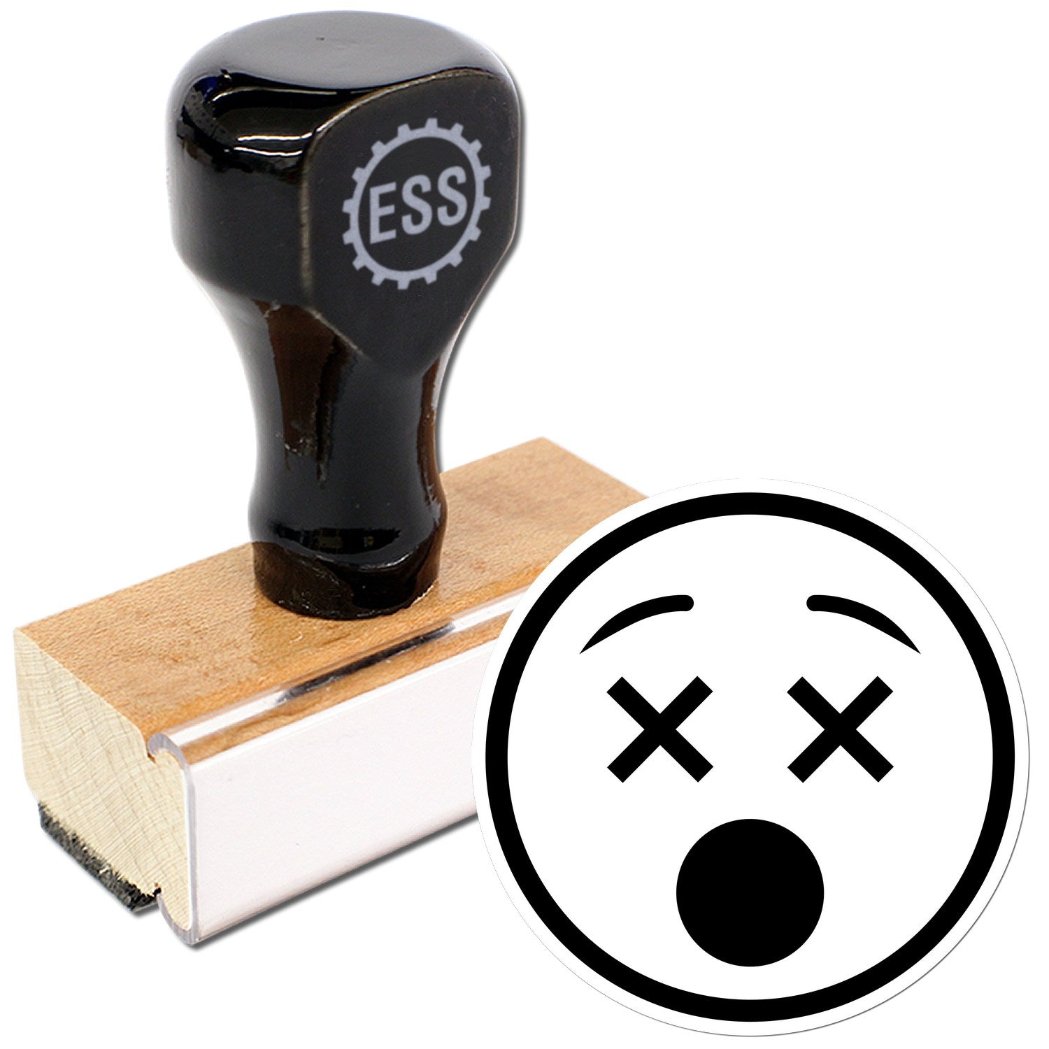 Wood Handle X'd Out Facial Expressions Rubber Stamp featuring a black handle with ESS logo, wooden base, and a stamp design of a face with X eyes and open mouth.