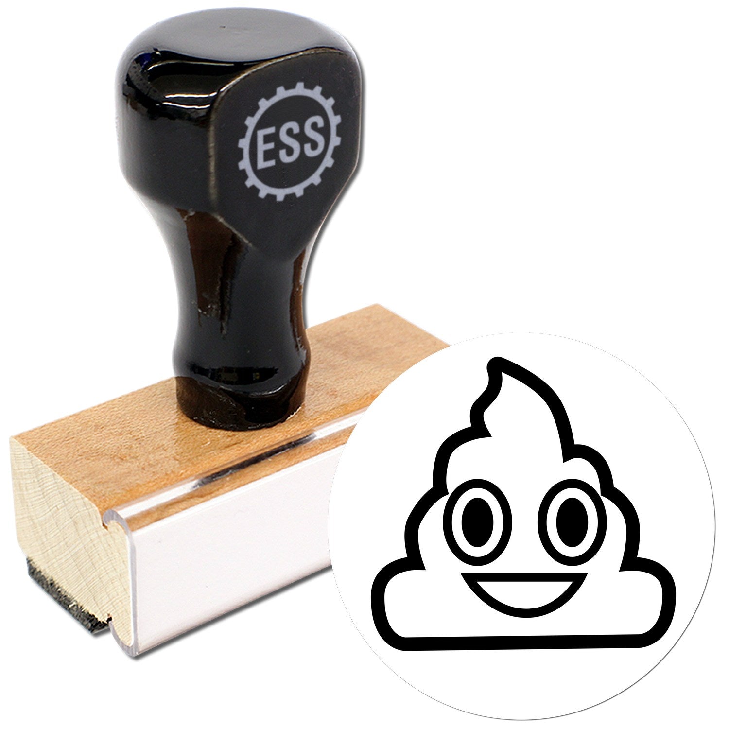 Wood Handle Smiling Poop Emojicons Rubber Stamp with black top and engraved logo, featuring a smiling poop emoji design. Perfect for adding fun to crafts and stationery.