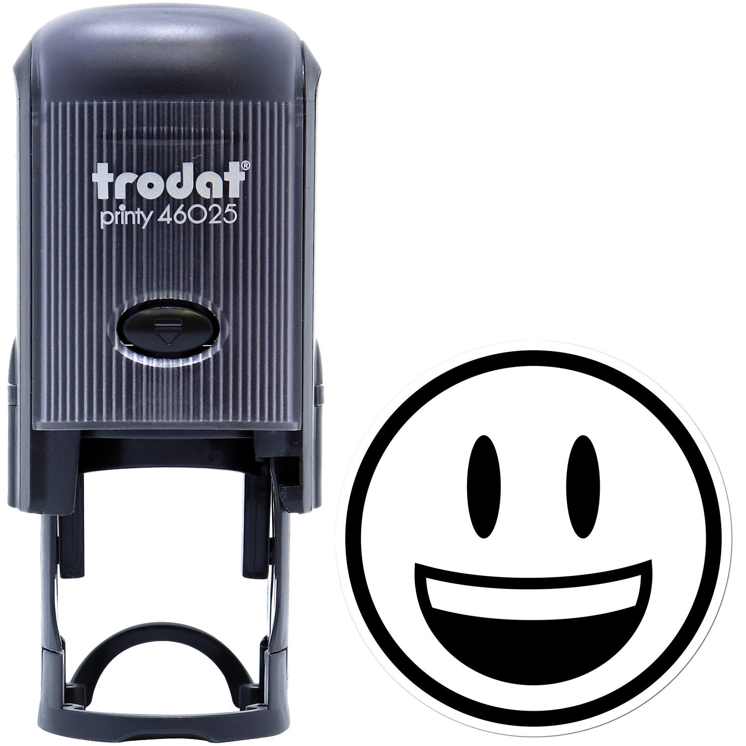 Self-Inking Grinning Delight Emoji Stamp with black casing and a smiling face design, perfect for adding a cheerful touch to documents and crafts.