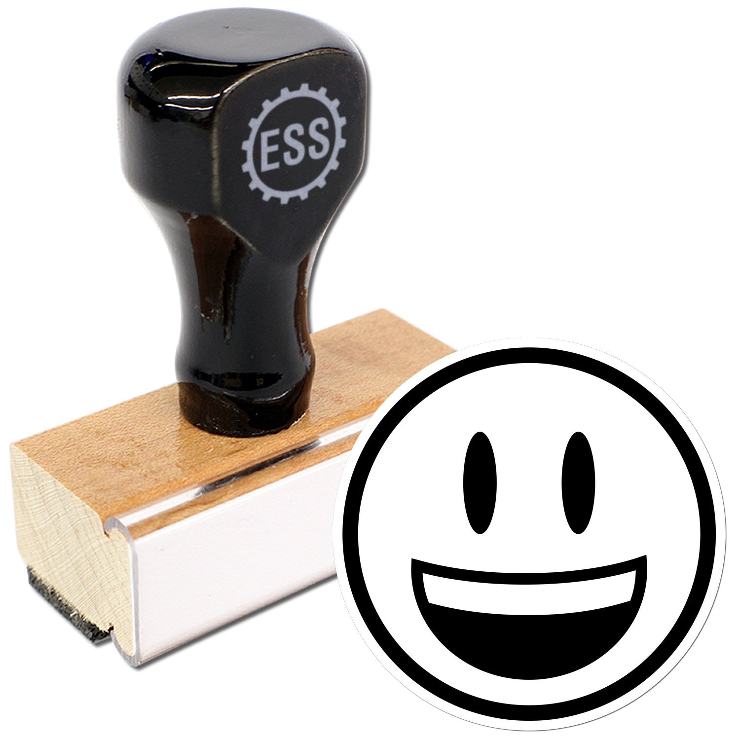 Wood Handle Grinning Delight Emoji Rubber Stamp featuring a black handle with ESS logo, wooden base, and a smiling emoji design. Perfect for adding a cheerful touch to crafts and documents.