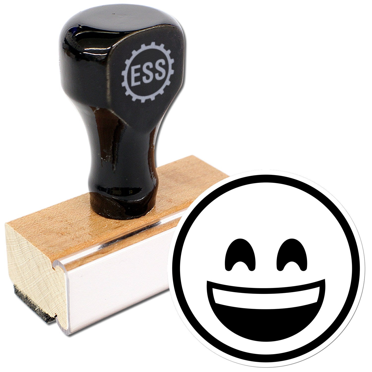 Wood Handle Ecstatic Eyes Emoji Rubber Stamp with a black top and wooden base, featuring a smiling emoji design. Perfect for adding a fun touch to crafts and stationery.