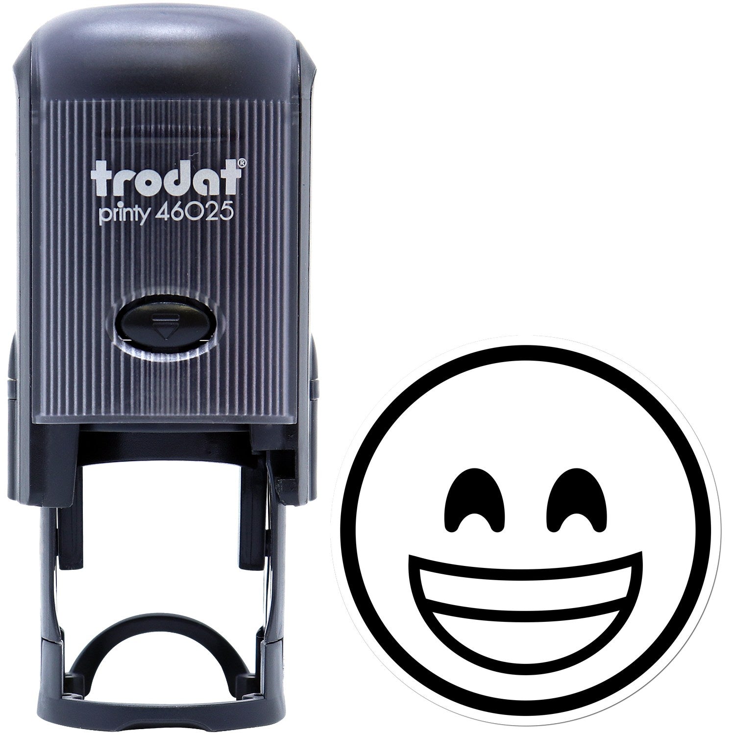 Self-Inking Elated Smile Emoji Stamp with black casing and a cheerful smiley face design, perfect for adding fun to documents and crafts.