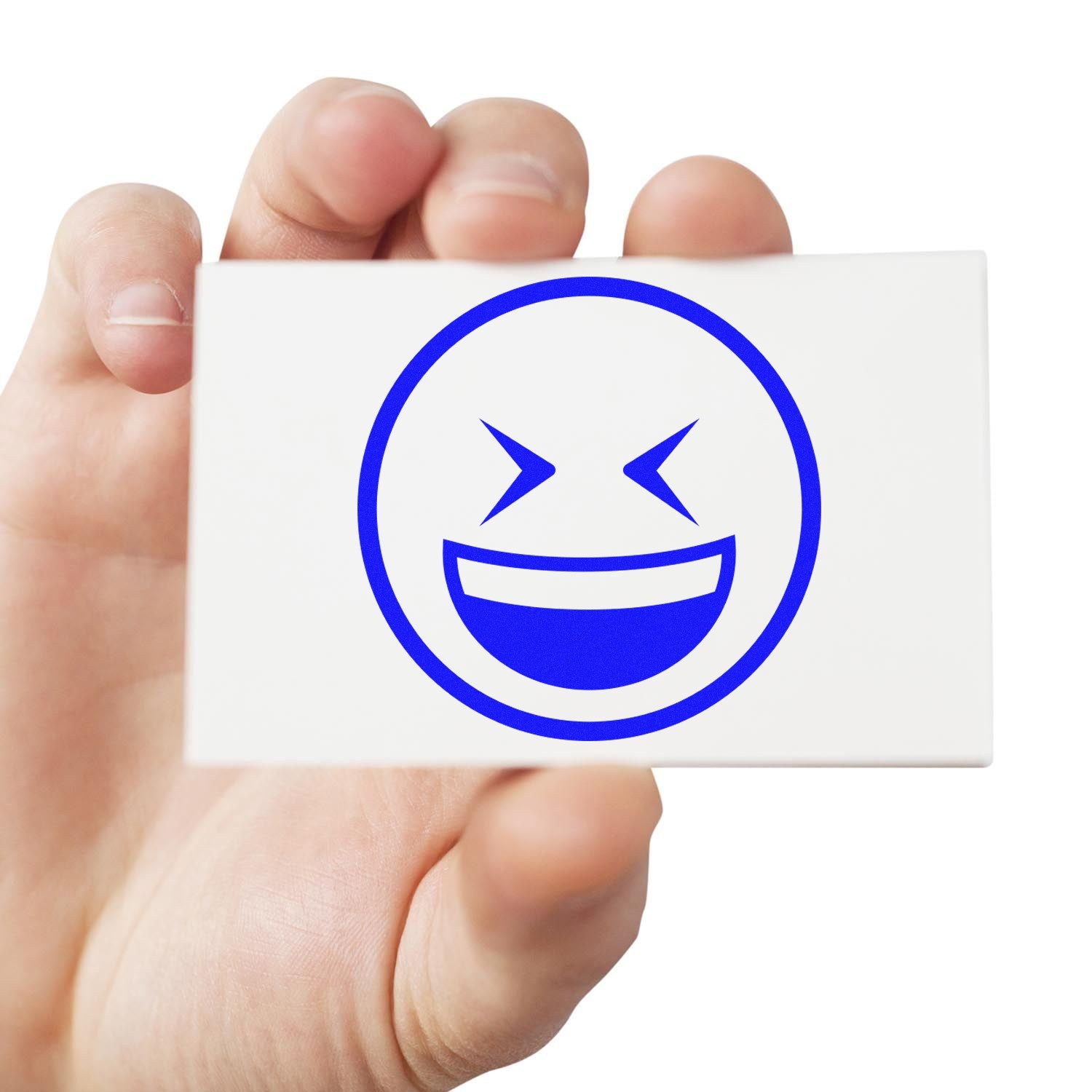 Wood Handle Excited Squint Emoji Rubber Stamp with a blue excited squint emoji design, held in a hand, showcasing its detailed rubber imprint and sturdy wood handle.