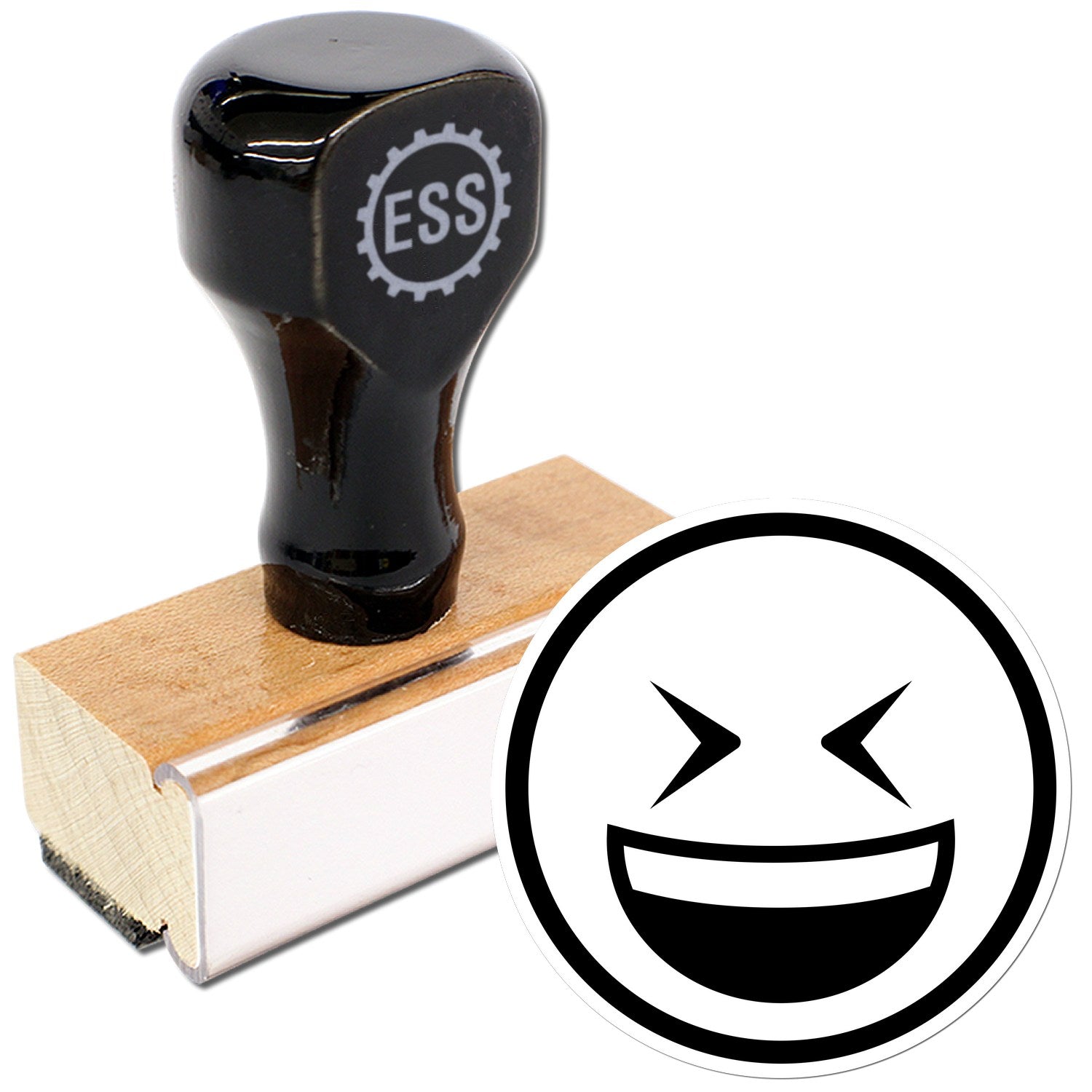 Wood Handle Excited Squint Emoji Rubber Stamp featuring a black handle with ESS logo, wooden base, and a stamp design of a squinting, excited emoji face. Perfect for crafting and personalization.