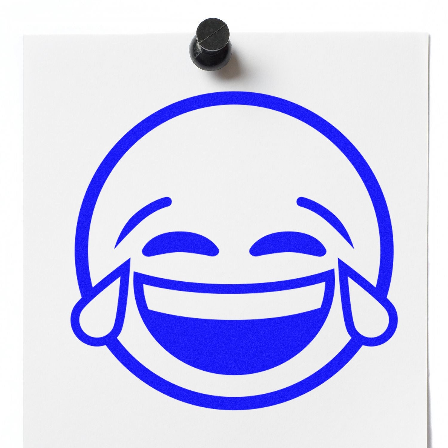 Wood Handle Tearful Giggles Emoji Rubber Stamp featuring a blue laughing emoji with tears, perfect for adding a playful touch to crafts and stationery.