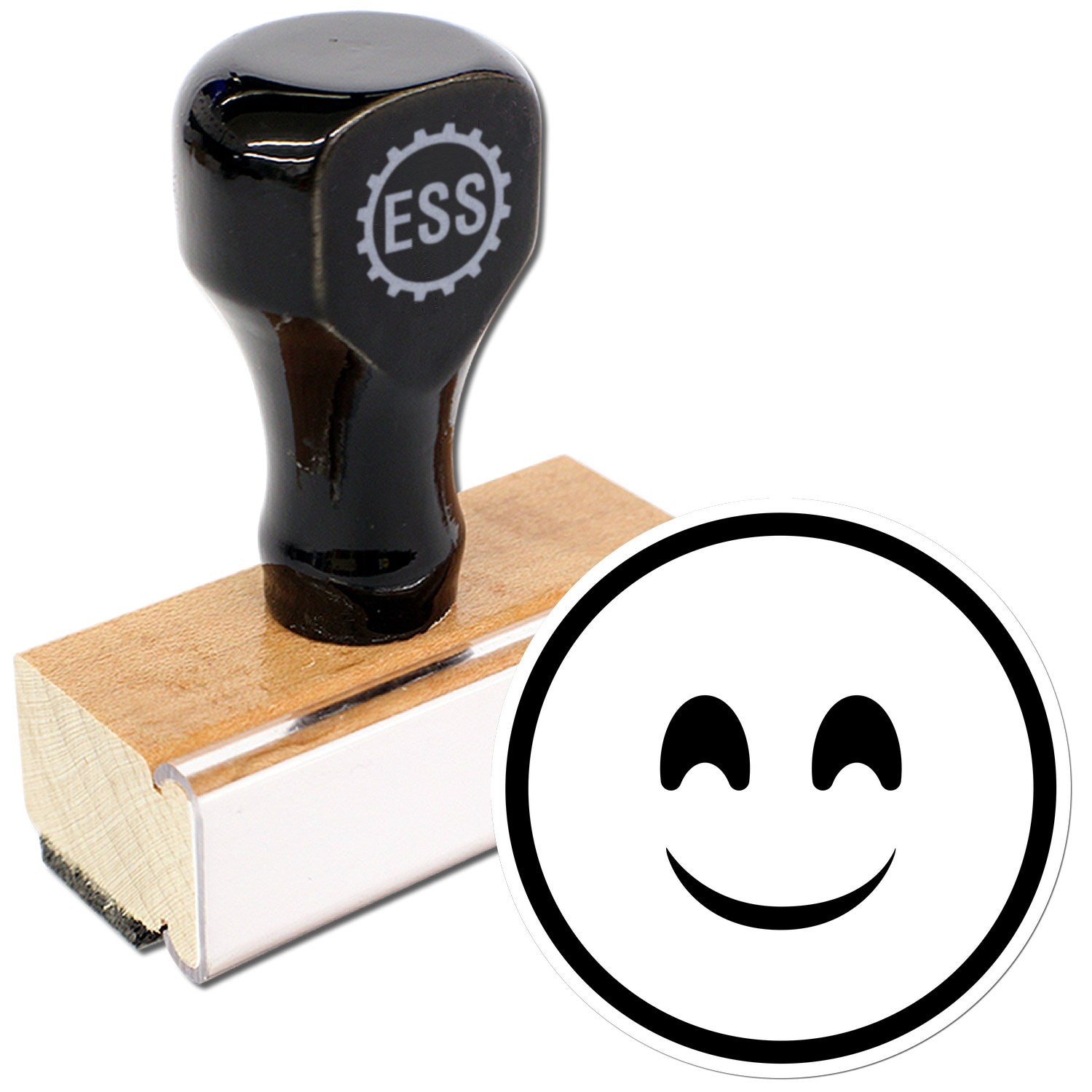 Wood Handle Blissful Wink Emoji Rubber Stamp featuring a black handle with ESS logo, mounted on a wooden base. Perfect for adding a playful touch to crafts and stationery.