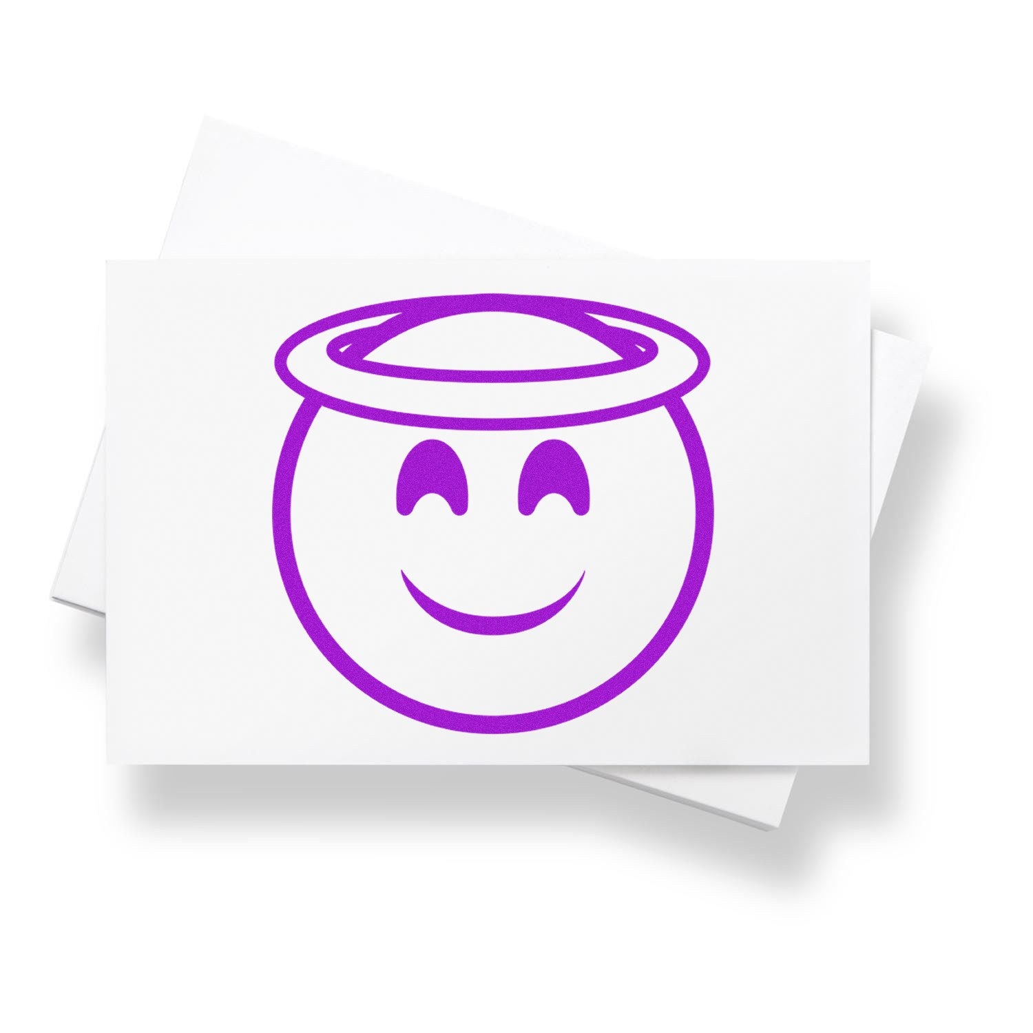 Self-Inking Halo Happiness Emoji Stamp featuring a purple smiling face with a halo, perfect for adding cheerful accents to your projects.