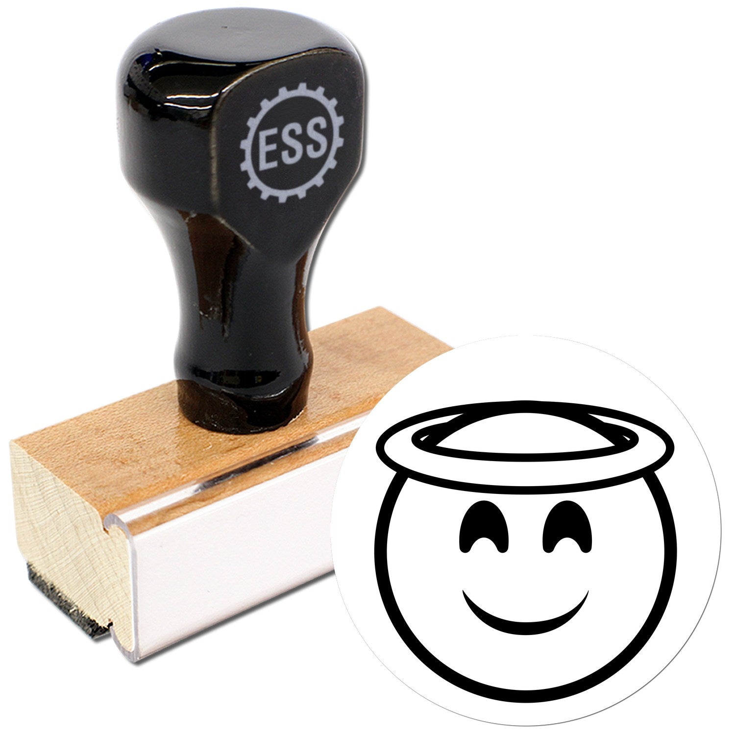 Wood Handle Halo Happiness Emoji Rubber Stamp with a black handle and wooden base, featuring a smiling face with a halo design. Perfect for adding a cheerful touch to crafts and stationery.