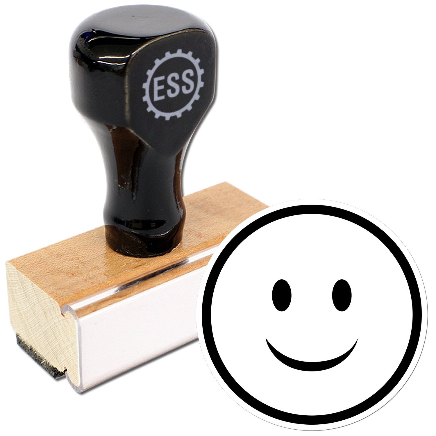 Wood Handle Simple Smiley Emoji Rubber Stamp with a black handle and wooden base, featuring a cheerful smiley face design. Perfect for adding a fun touch to crafts and stationery.