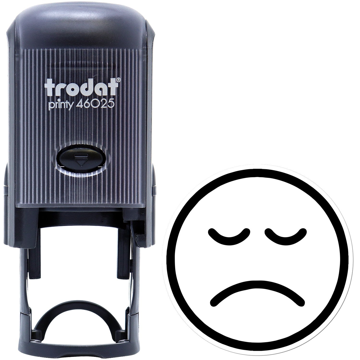 Self-Inking Downer Frown Emoticon Stamp with black casing and a frowning face design, perfect for adding a touch of humor to documents. Compact and easy to use.