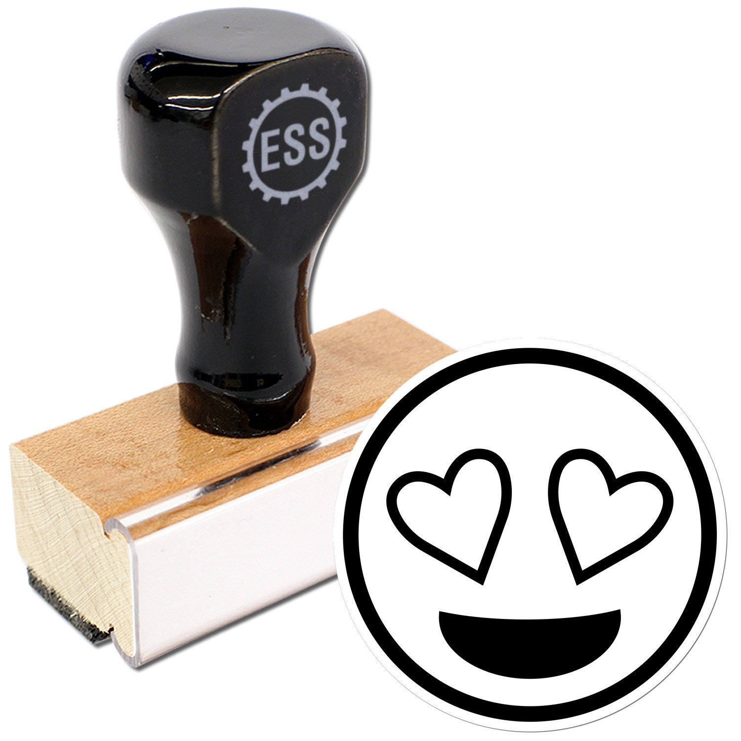 Wood Handle Heart-Eyes Reaction Rubber Stamp with a black handle and wooden base, featuring a heart-eyes emoji design. Perfect for adding a fun touch to crafts and stationery.