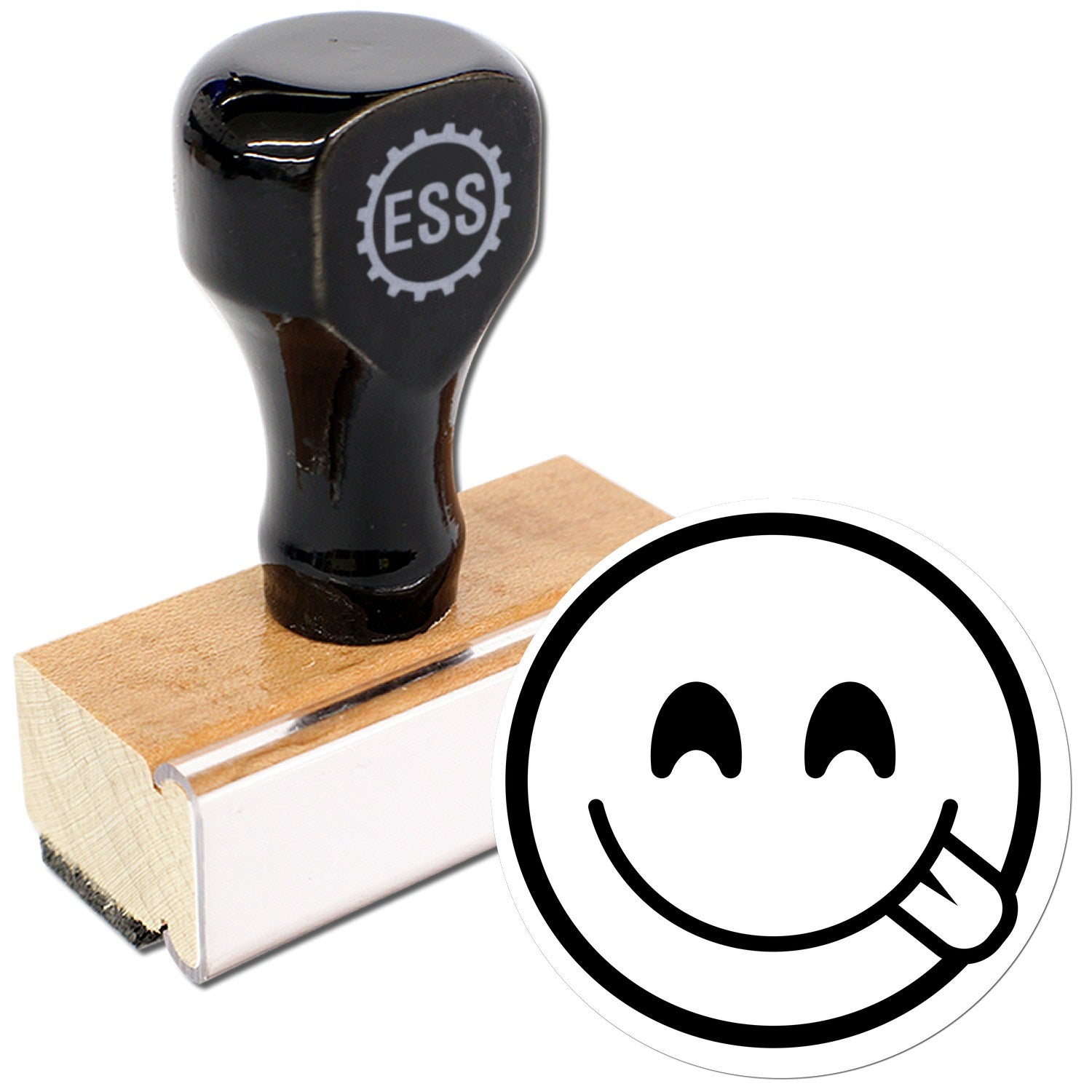 Wood Handle Cheeky Winky Emoji Rubber Stamp featuring a black handle and wooden base, with a playful winking face design. Perfect for adding fun to crafts and stationery.