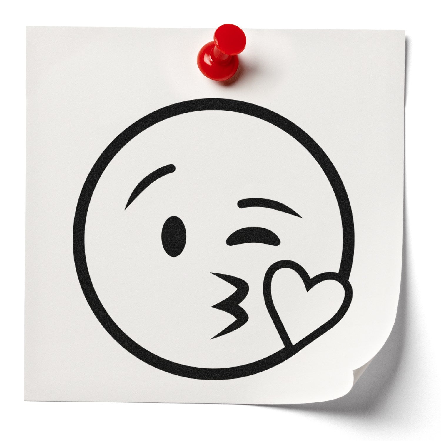 Wood Handle Blowing a Kiss Emoji Rubber Stamp on white paper with a red pushpin. Features a playful emoji design, perfect for adding a fun touch to crafts and stationery.