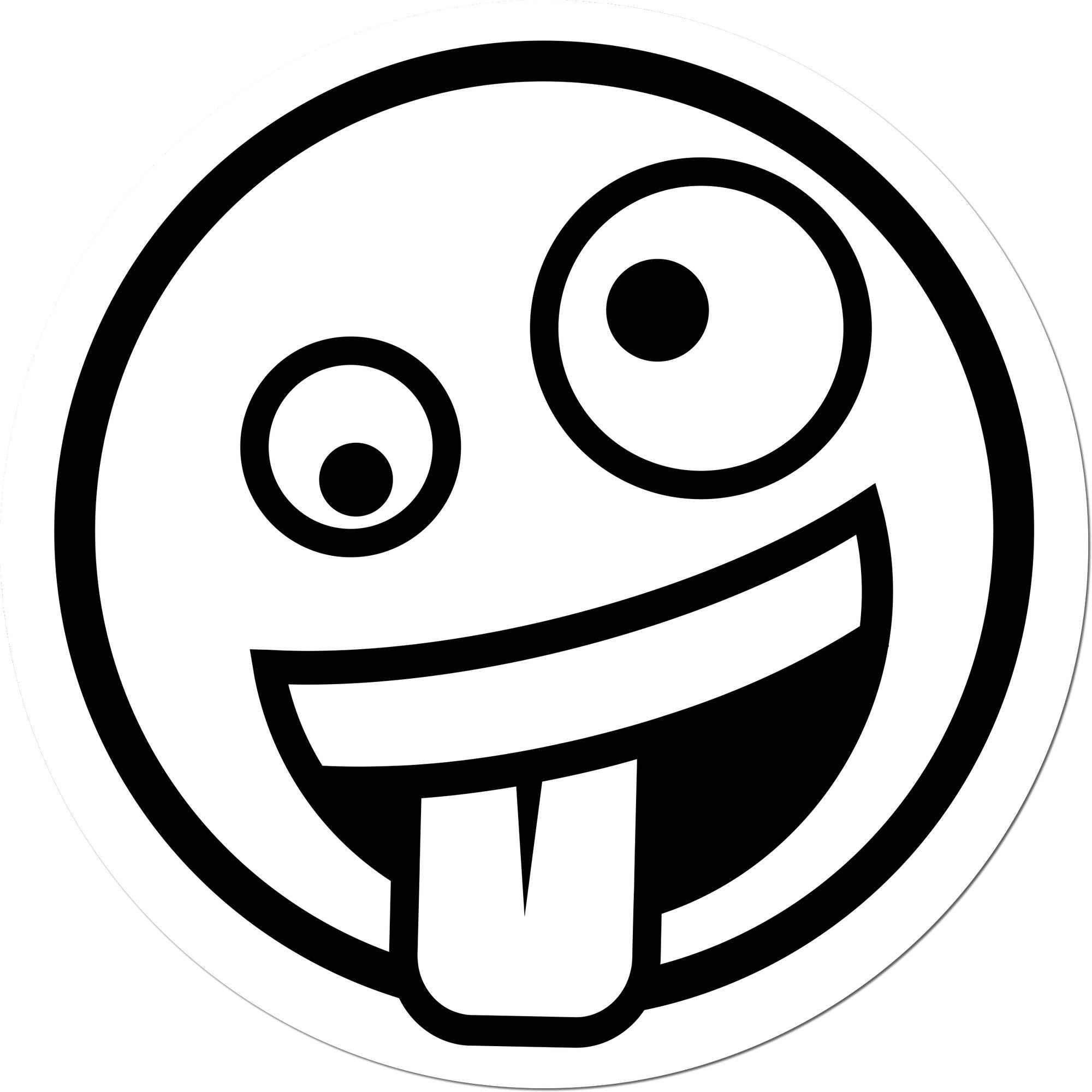 Self-Inking Zany Grin Emoji Stamp featuring a playful, tongue-out smiley face design. Perfect for adding fun to your projects. Black ink, round shape, easy to use.