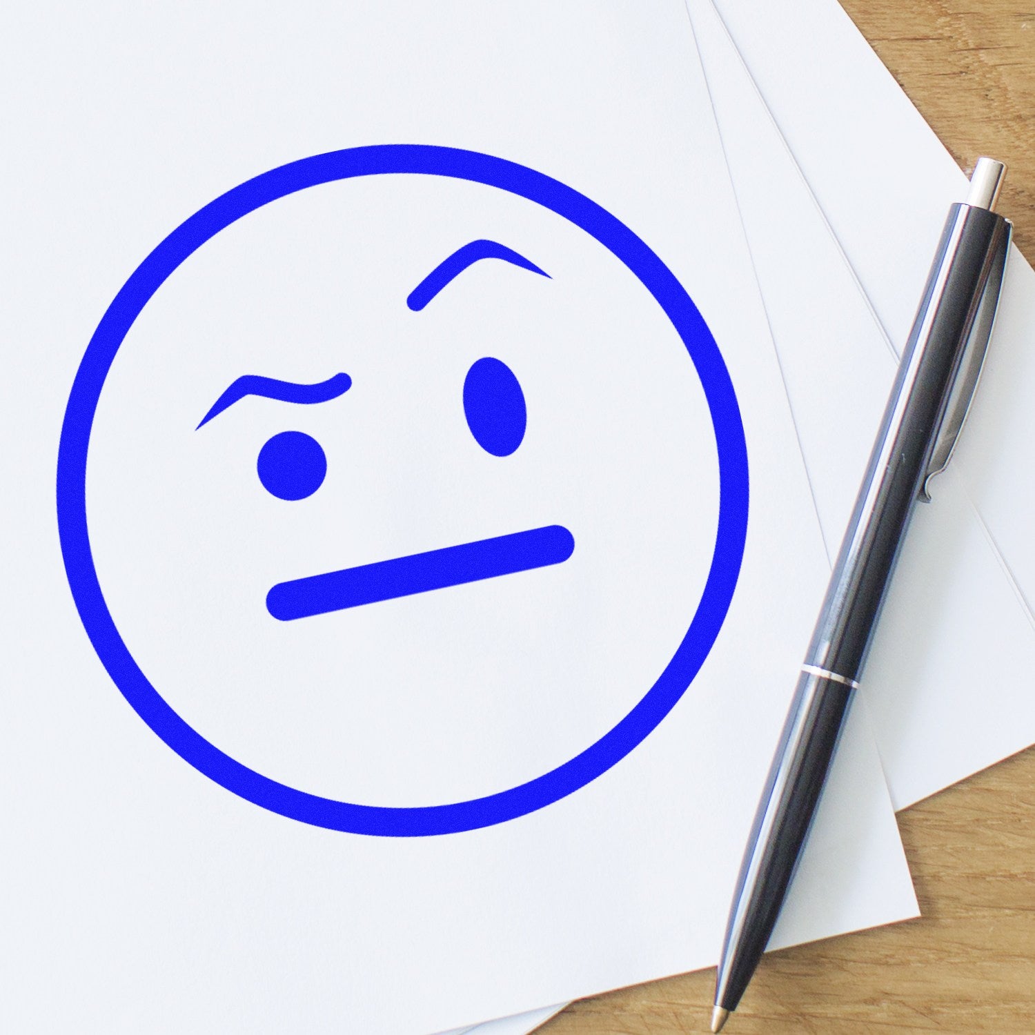 Self-Inking Skeptical Stare Emoji Stamp on paper, showcasing a blue skeptical face design. Perfect for adding a touch of humor to documents. Pen included for scale.