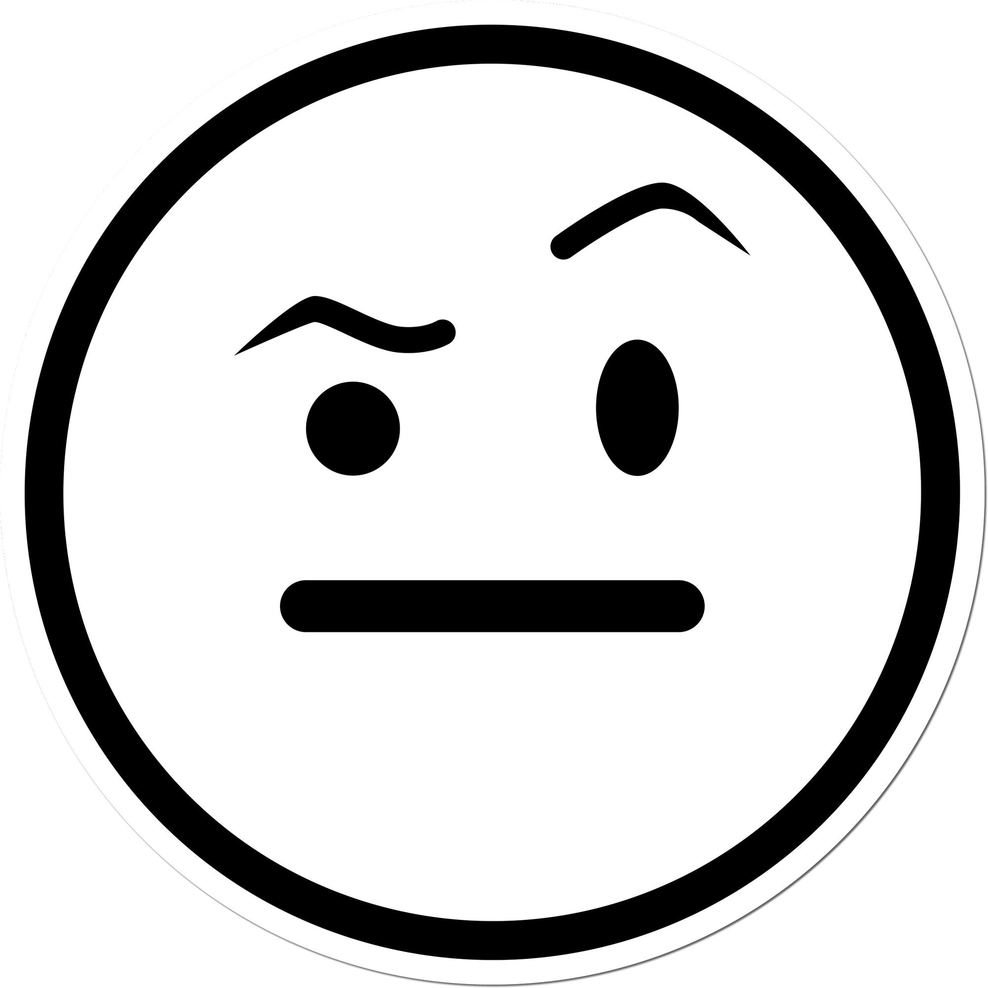 Self-Inking Skeptical Stare Emoji Stamp with a black circular design featuring a raised eyebrow and frown, perfect for adding a touch of humor to documents.