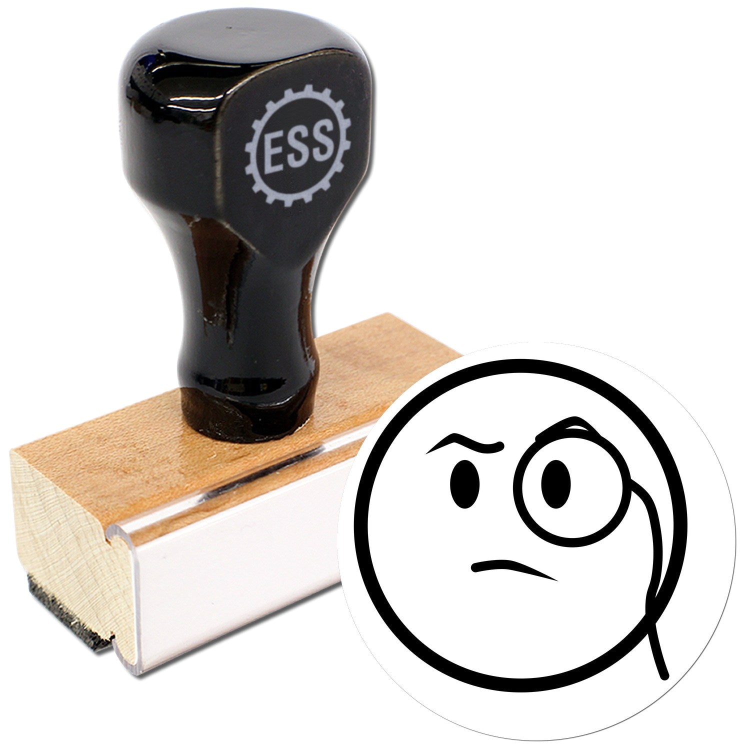 Wood Handle Curious Scholar Emoticon Rubber Stamp with a black handle and wooden base, featuring a monocle-wearing emoticon design. Perfect for adding a scholarly touch to your projects.