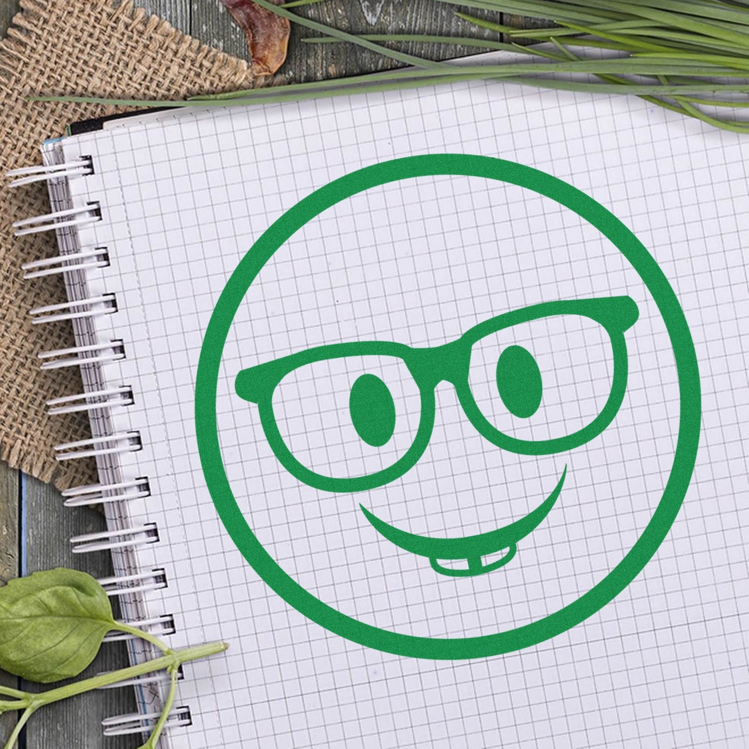 Self-Inking Wise Guy Smiley Stamp imprint on a notebook, featuring a green smiley face with glasses. Perfect for adding a fun touch to your notes and documents.