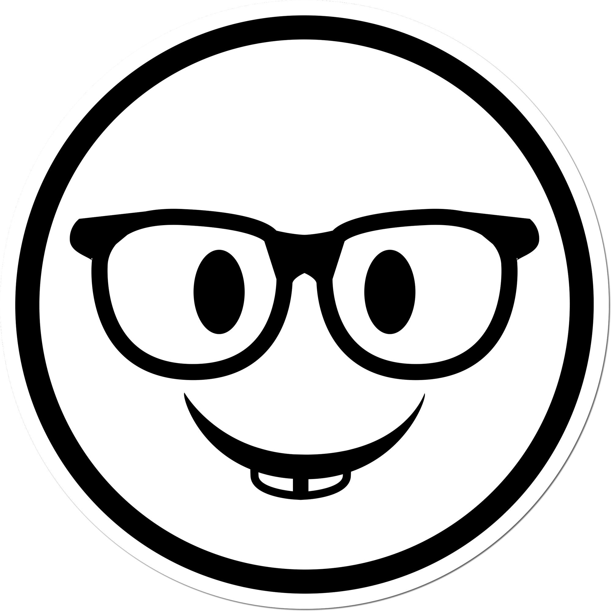 Wood Handle Wise Guy Smiley Rubber Stamp featuring a black and white design with a smiling face wearing glasses, encircled in black. Perfect for adding a playful touch to crafts and stationery.