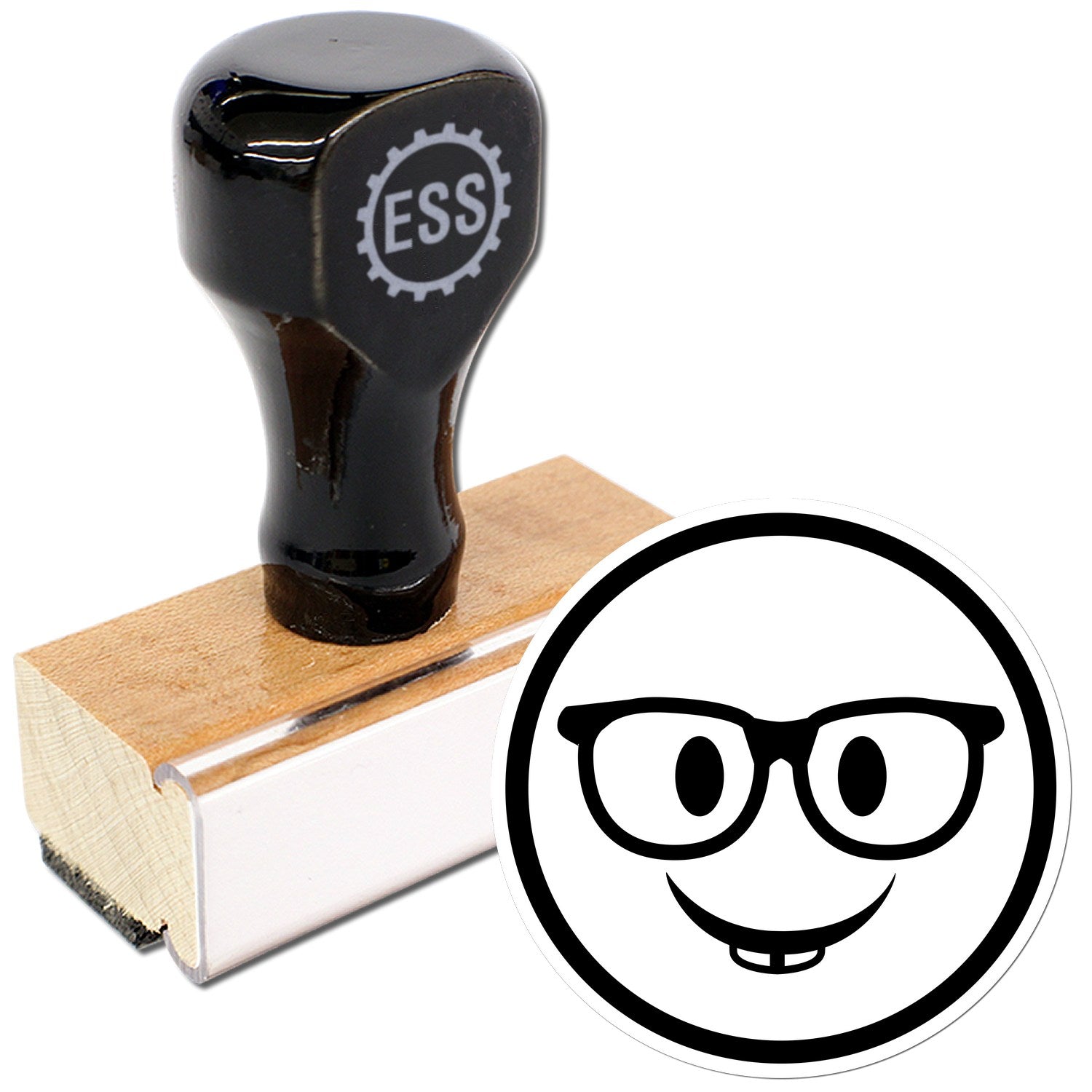 Wood Handle Wise Guy Smiley Rubber Stamp featuring a black handle with ESS logo, mounted on a wooden base, and a stamp design of a smiling face with glasses.