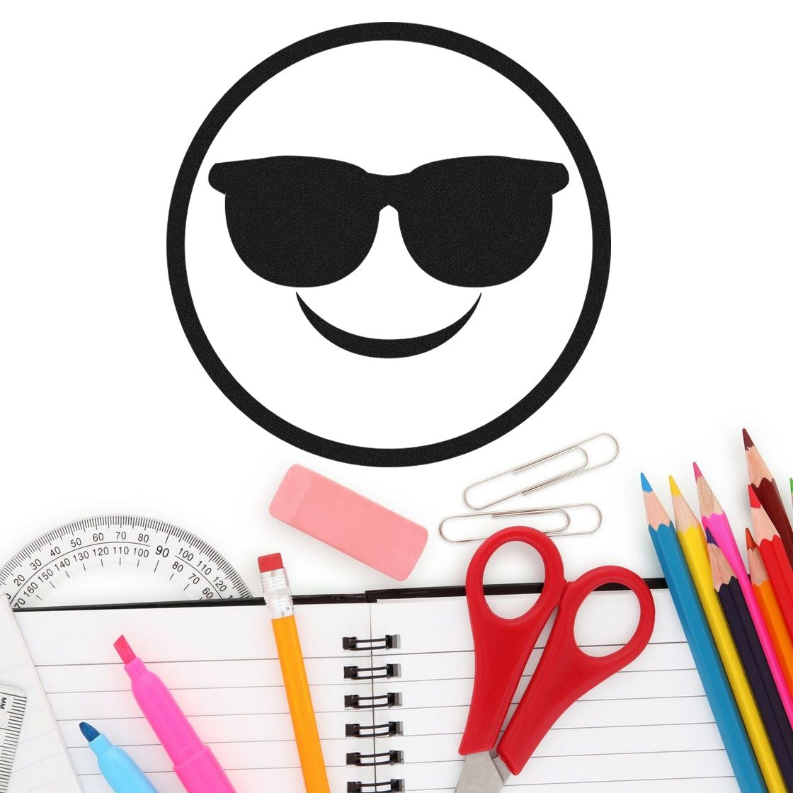 Image of the Wood Handle Cool Shades Pictogram Rubber Stamp featuring a smiling face with sunglasses, surrounded by stationery items like pencils, scissors, and a notebook.