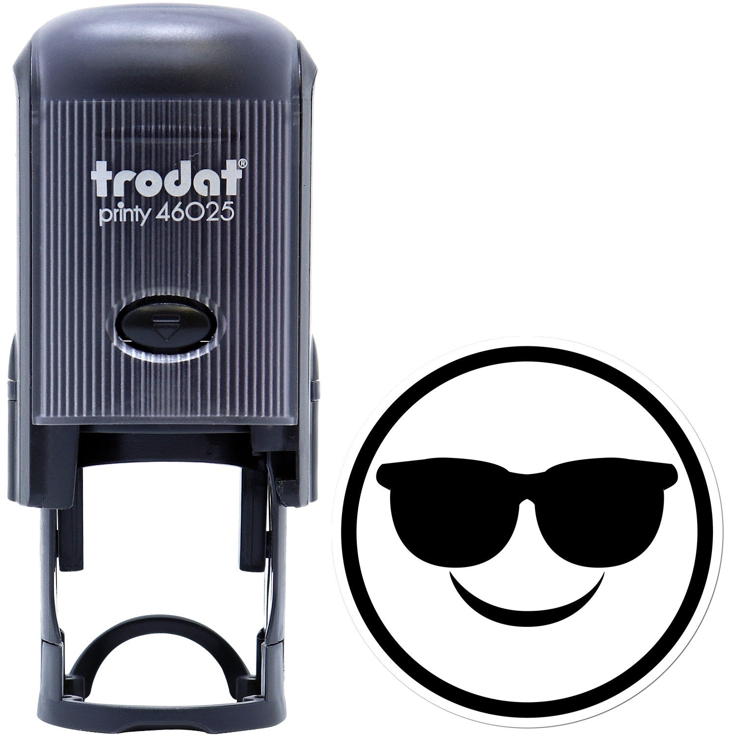 Self-Inking Cool Shades Pictogram Stamp featuring a sleek black design with a smiling face wearing sunglasses imprint. Perfect for adding a fun touch to documents and crafts.