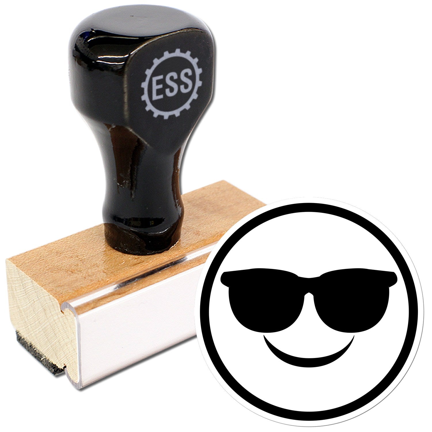 Wood Handle Cool Shades Pictogram Rubber Stamp featuring a black handle with ESS logo, wooden base, and a stamp design of smiling sunglasses. Perfect for adding a fun touch to your projects.