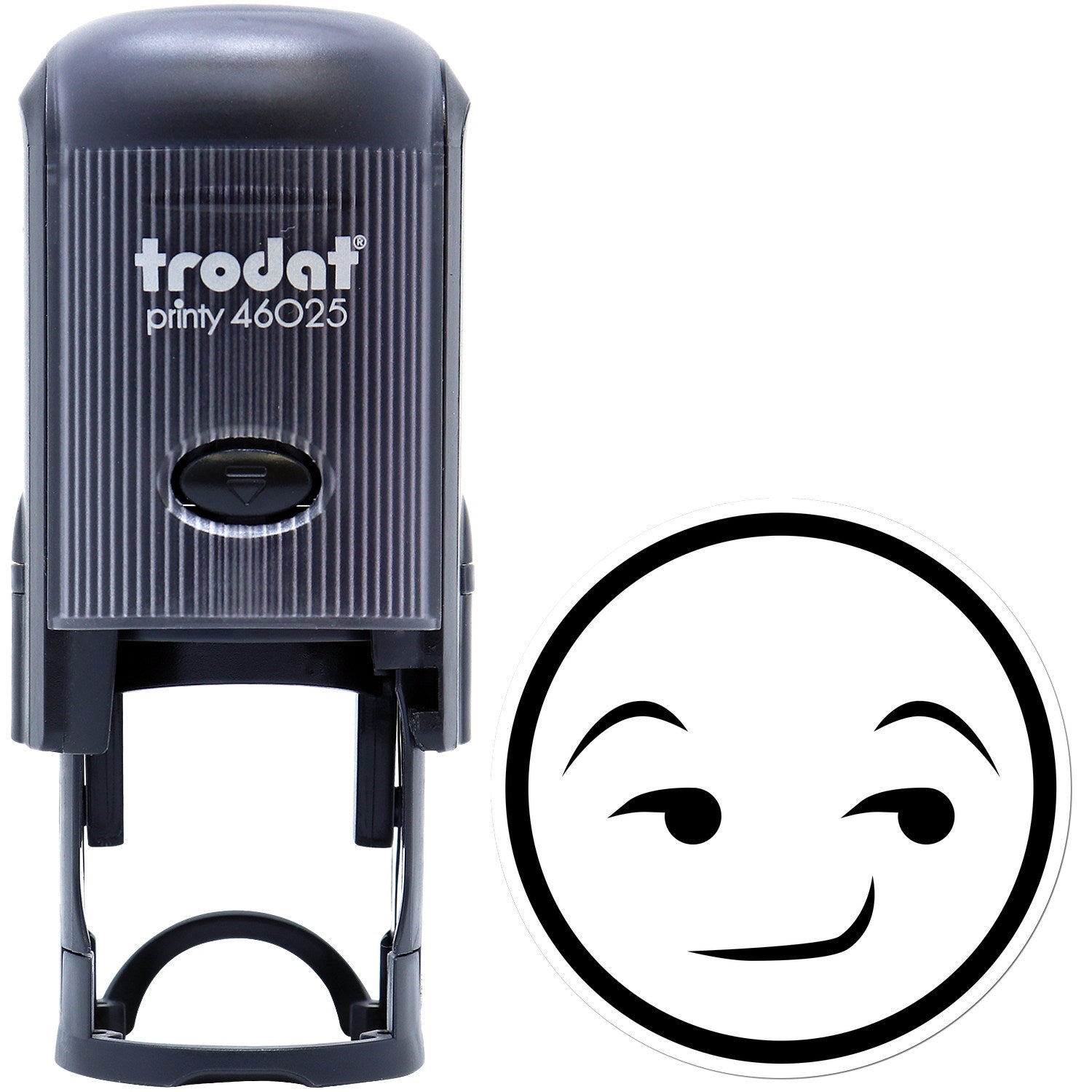 Self-Inking Smug Mug Reaction Stamp featuring a black casing with a smug face design. Perfect for adding personality to documents.