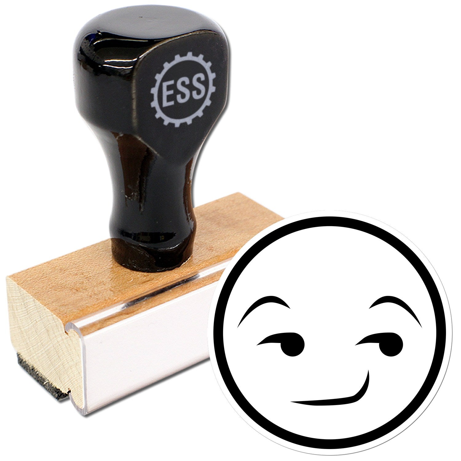 Wood Handle Smug Mug Reaction Rubber Stamp with a black handle and wooden base, featuring a smug face design. Perfect for adding personality to your projects.