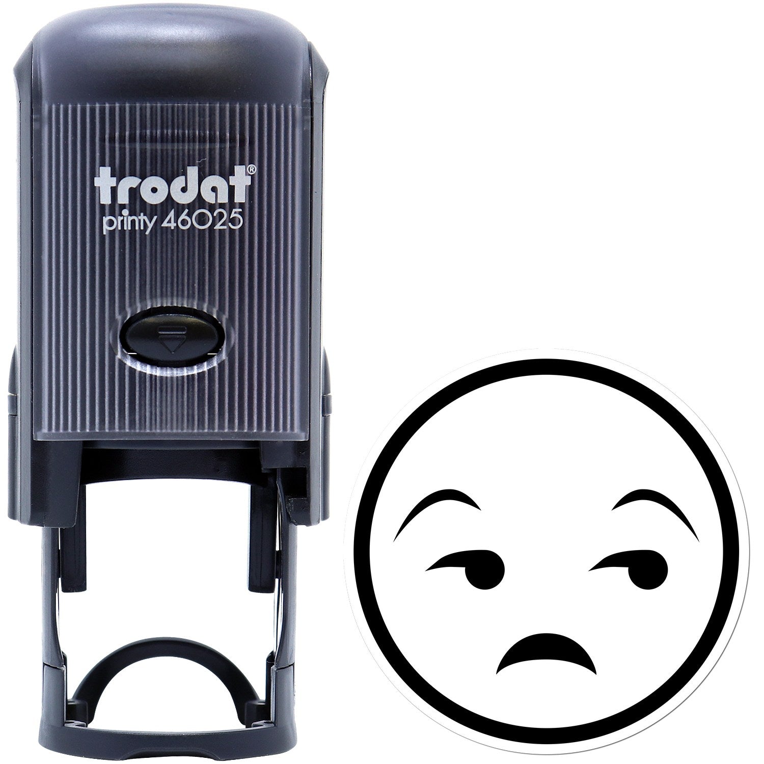 Self-Inking Grumpy Gus Facial Expressions Stamp featuring a black casing and a skeptical face design, perfect for adding personality to documents.