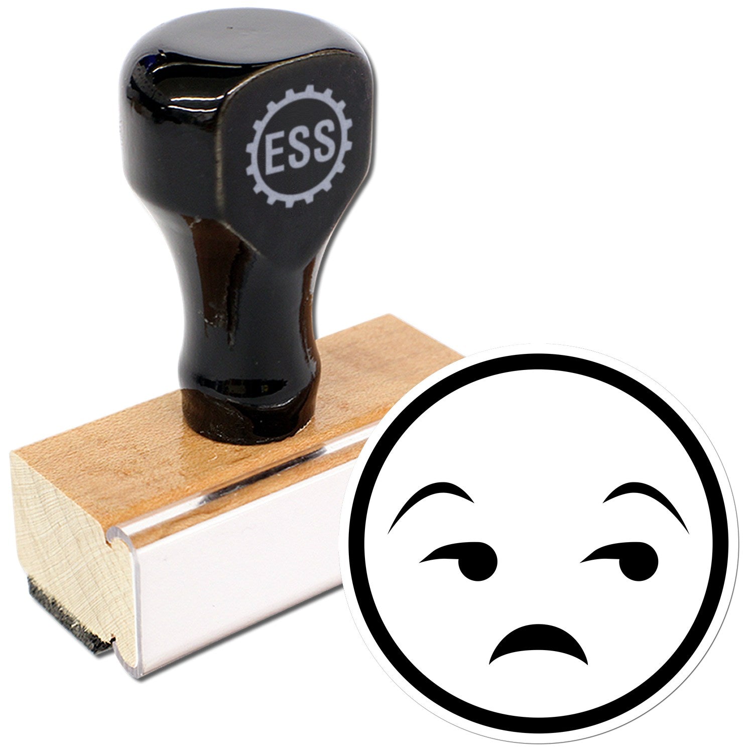 Wood Handle Grumpy Gus Facial Expressions Rubber Stamp featuring a black handle and wooden base, with a grumpy face design. Perfect for adding personality to your crafts and projects.