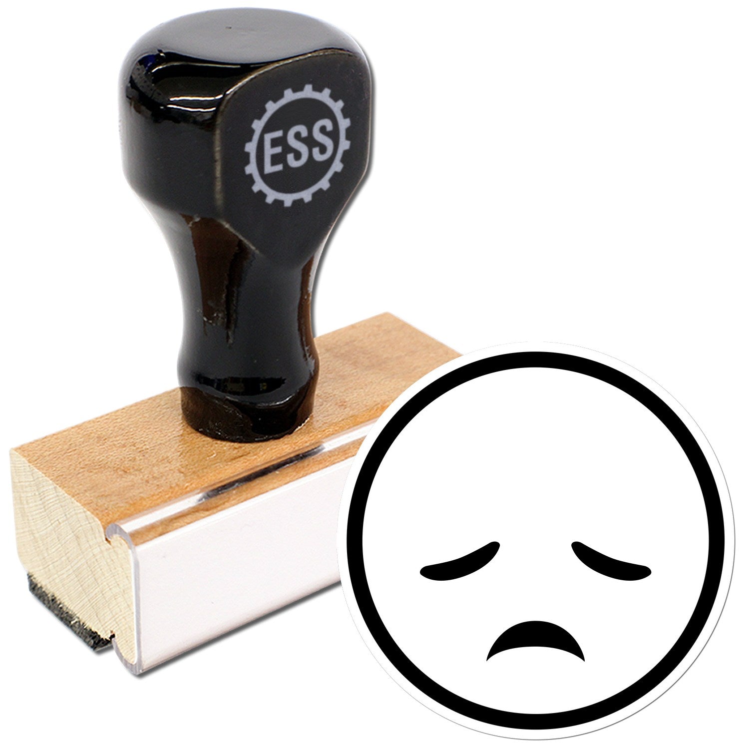 Wood Handle Sad Sammy Emojicons Rubber Stamp featuring a black handle with ESS logo, wooden base, and a sad face emoji design. Perfect for adding expressive details to your projects.