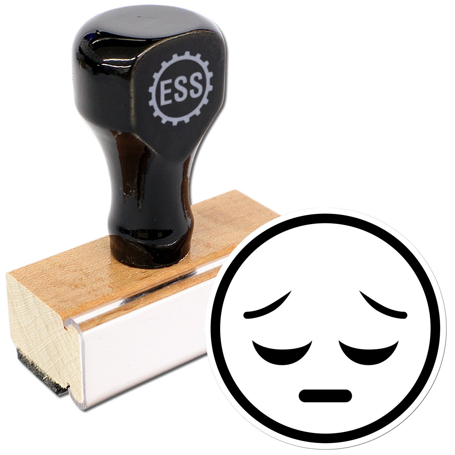 Wood Handle Silent Sorrow Emoji Rubber Stamp featuring a sleek black handle and a wooden base, alongside a sorrowful emoji design. Perfect for adding a unique touch to your projects.