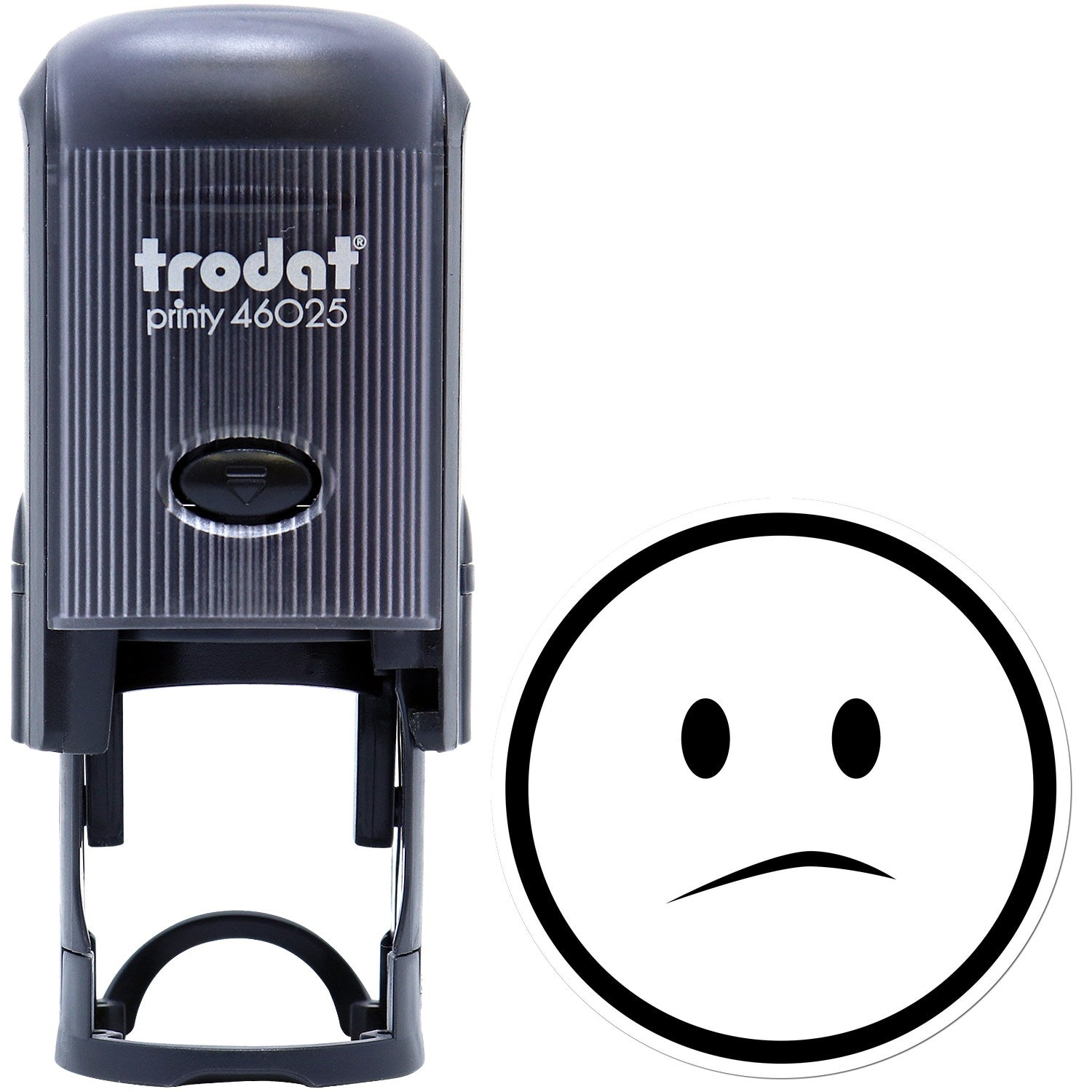 Self-Inking Solemn Simplicity Emoji Stamp featuring a black casing and a sad face emoji imprint. Perfect for adding a touch of emotion to documents.