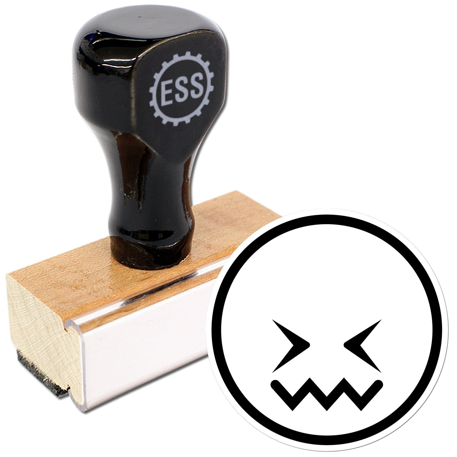 Wood Handle Zigzag Worry Emoji Rubber Stamp featuring a black handle with ESS logo, mounted on a wooden base, and a zigzag worry emoji design. Perfect for crafting and personalizing projects.