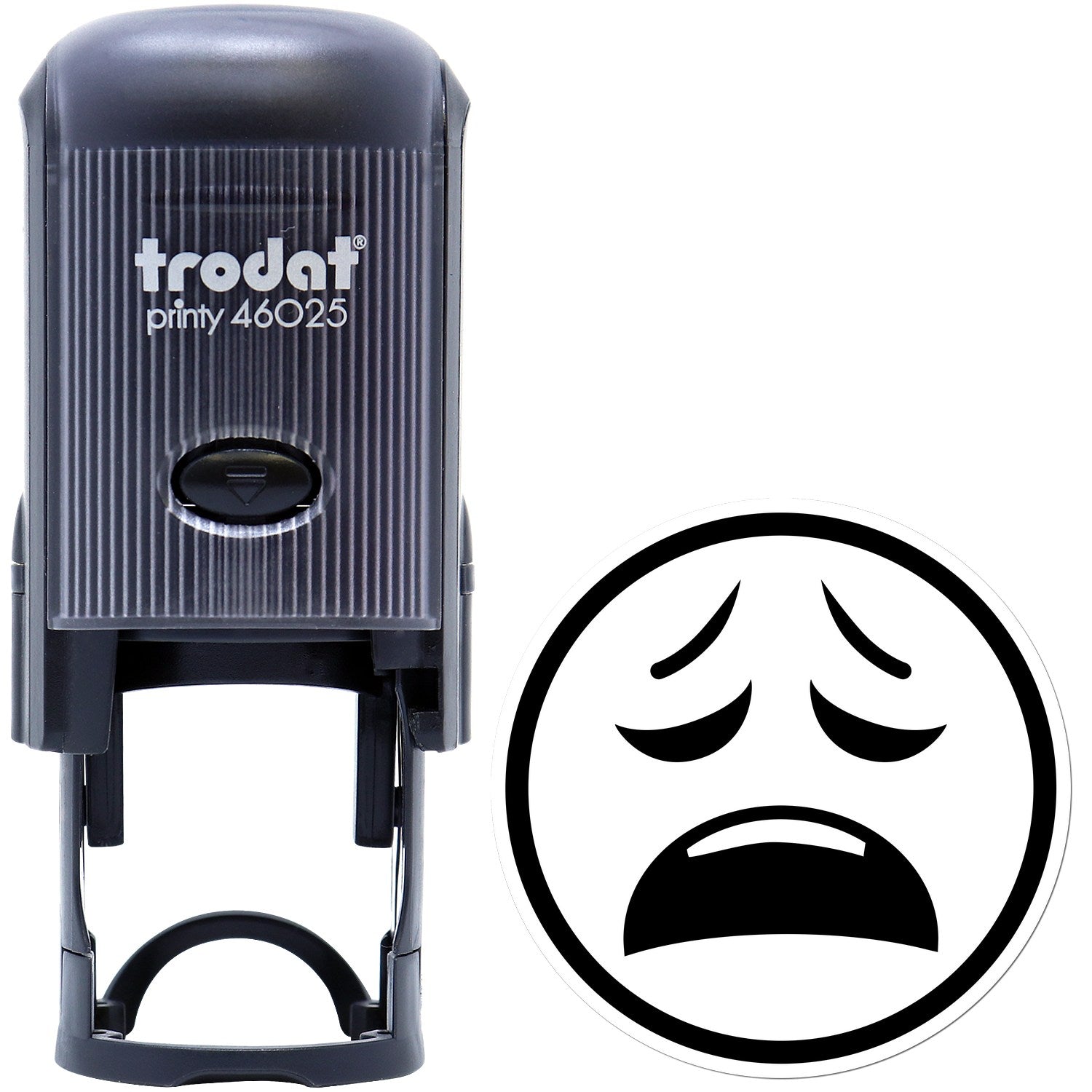 Self-Inking Cry of Despair Emoji Stamp featuring a black casing and a crying emoji design. Perfect for adding expressive stamps to documents.