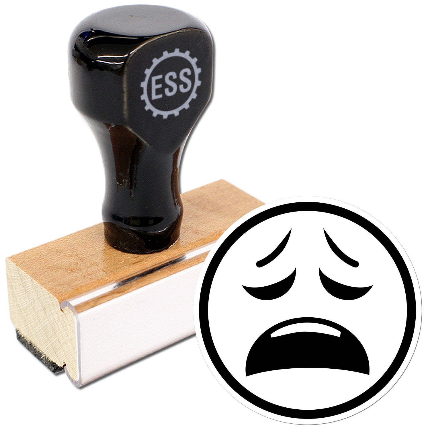 Wood Handle Cry of Despair Emoji Rubber Stamp featuring a black handle with ESS logo, mounted on a wooden base, alongside a crying emoji design. Perfect for adding expressive details to projects.