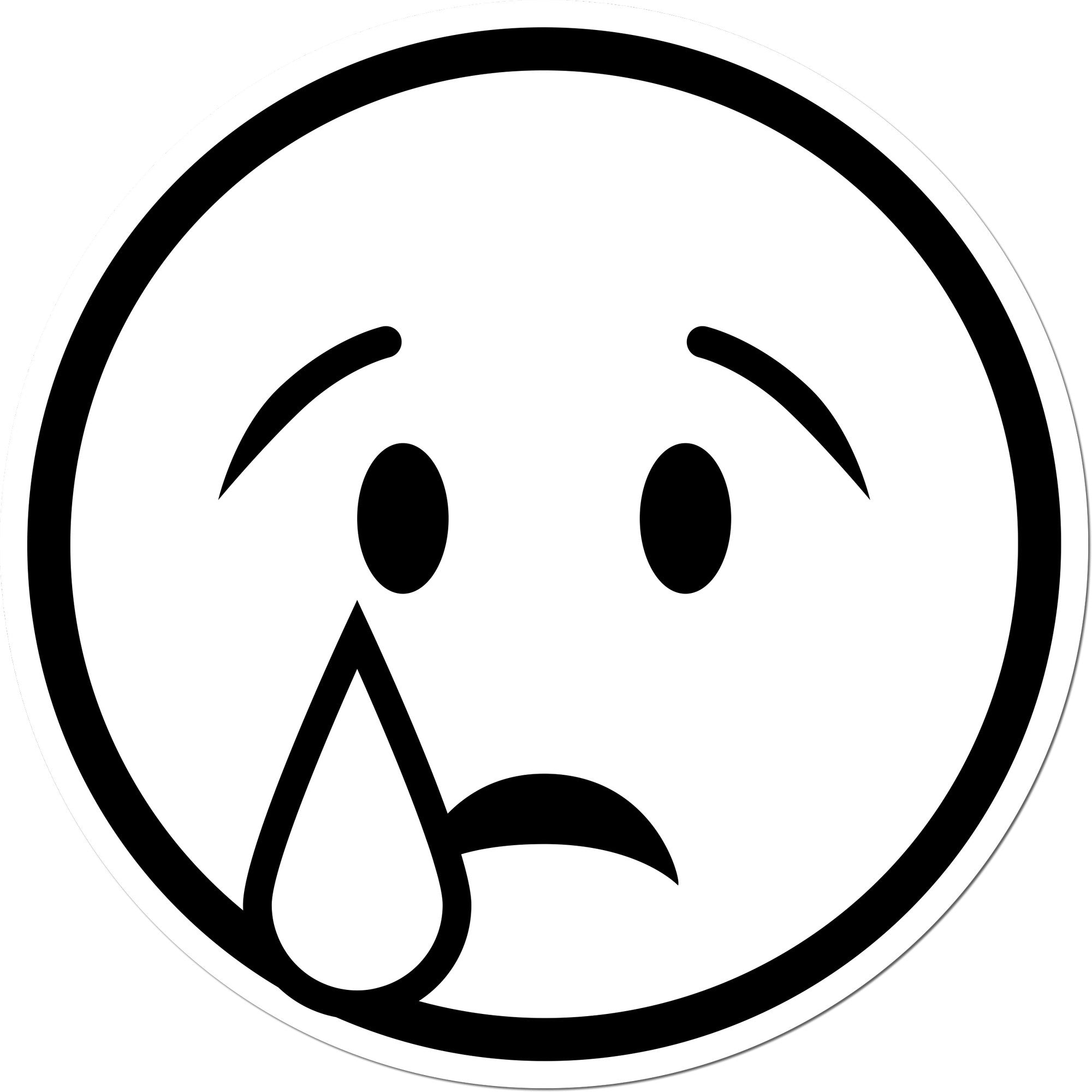 Self-Inking Teary Timmy Emoji Stamp with a teardrop face design, featuring a black circular imprint. Perfect for adding a touch of emotion to your documents and crafts.