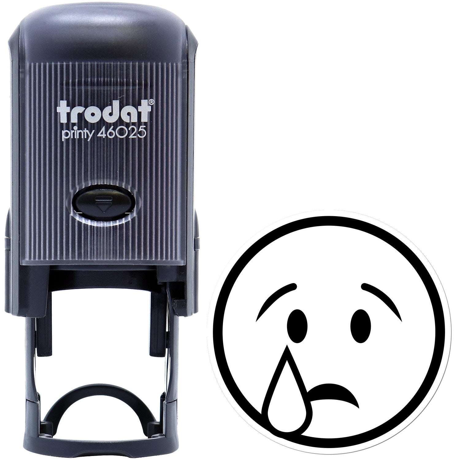 Self-Inking Teary Timmy Emoji Stamp featuring a black casing and a teary-eyed emoji design. Perfect for adding a fun, expressive touch to your documents.