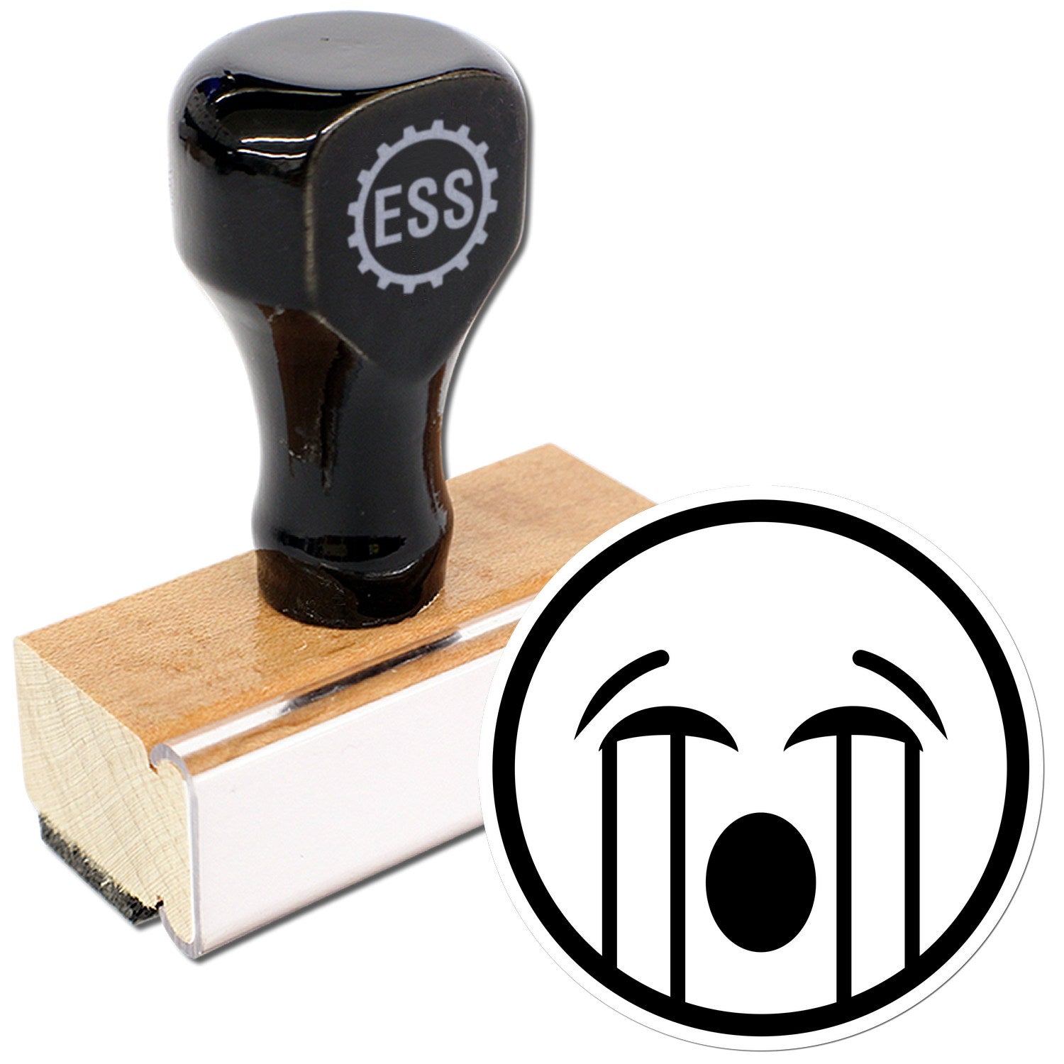 Wood Handle Waterworks Wanda Emoji Rubber Stamp featuring a black handle with ESS logo, wooden base, and a crying emoji design. Perfect for adding expressive details to your projects.