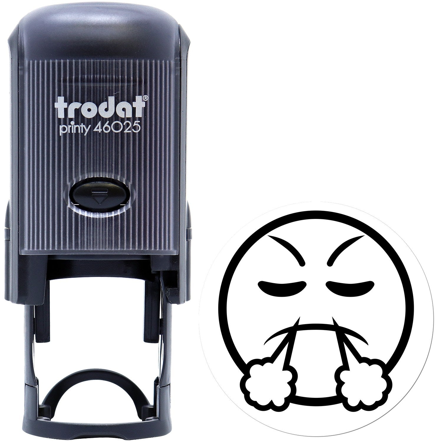 Self-Inking Steamy Sam Emoticon Stamp featuring a black casing and a steamy face emoticon design. Perfect for adding personality to documents.