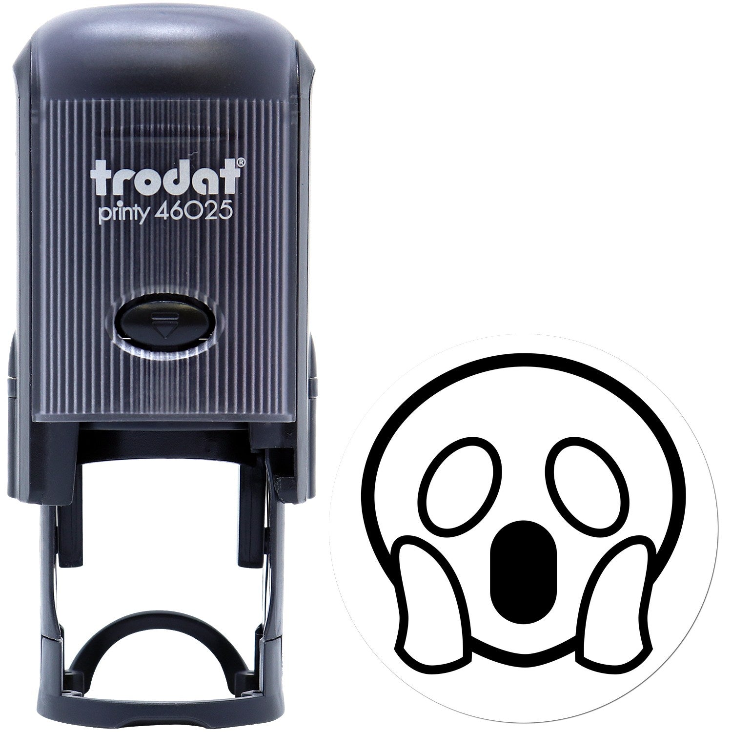 Self-Inking Gasping Ghost Emotes Stamp featuring a black casing and a ghost face design. Perfect for adding spooky flair to documents.