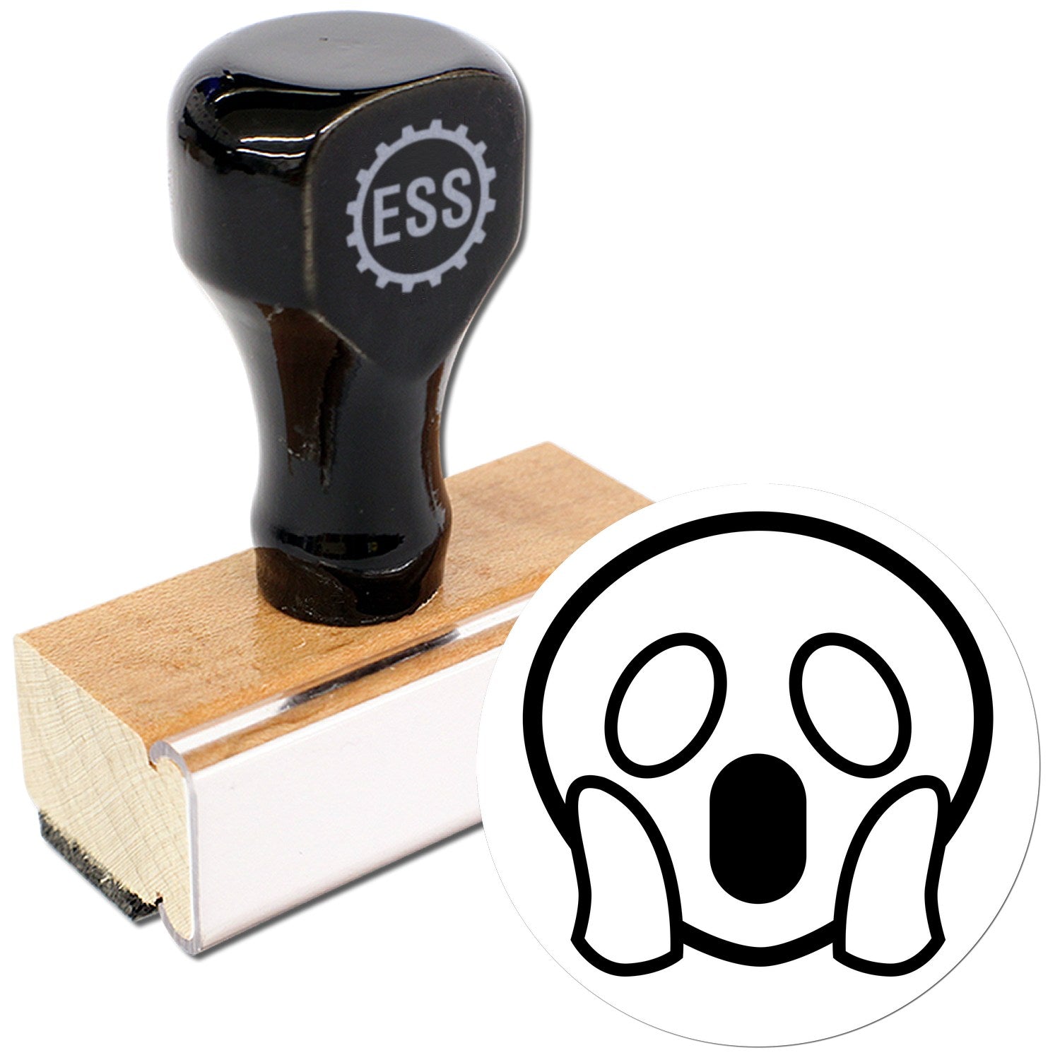 Wood Handle Gasping Ghost Emotes Rubber Stamp featuring a black handle with ESS logo, wooden base, and a circular stamp design of a surprised ghost face. Perfect for crafting and decoration.